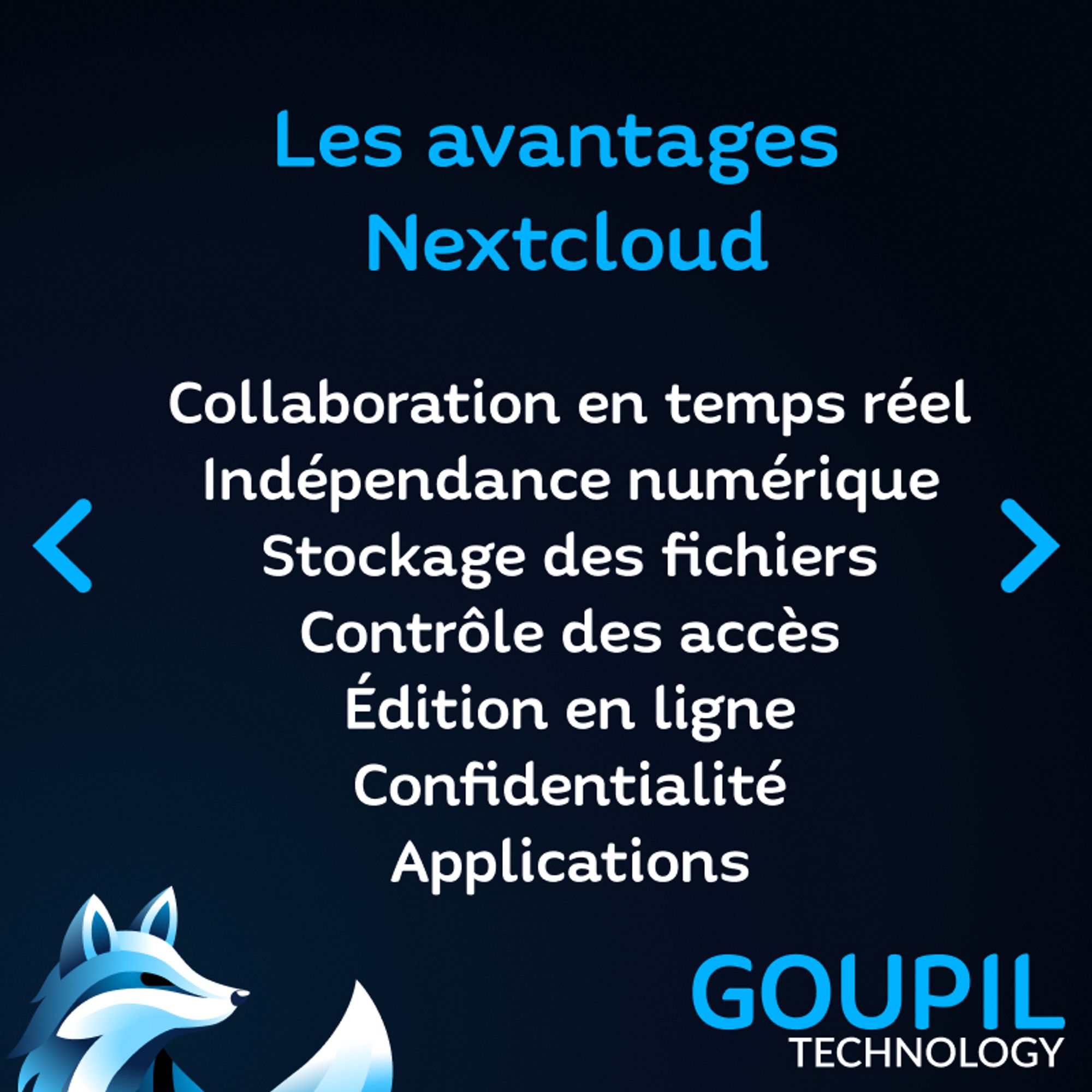 Un texte : "Les avantages NextCloud : Collaboration en temps réel, Indépendane numérique, Stockage des fichiers, Contrôle des accès, Édition en ligne, Confidentialité, Applications"