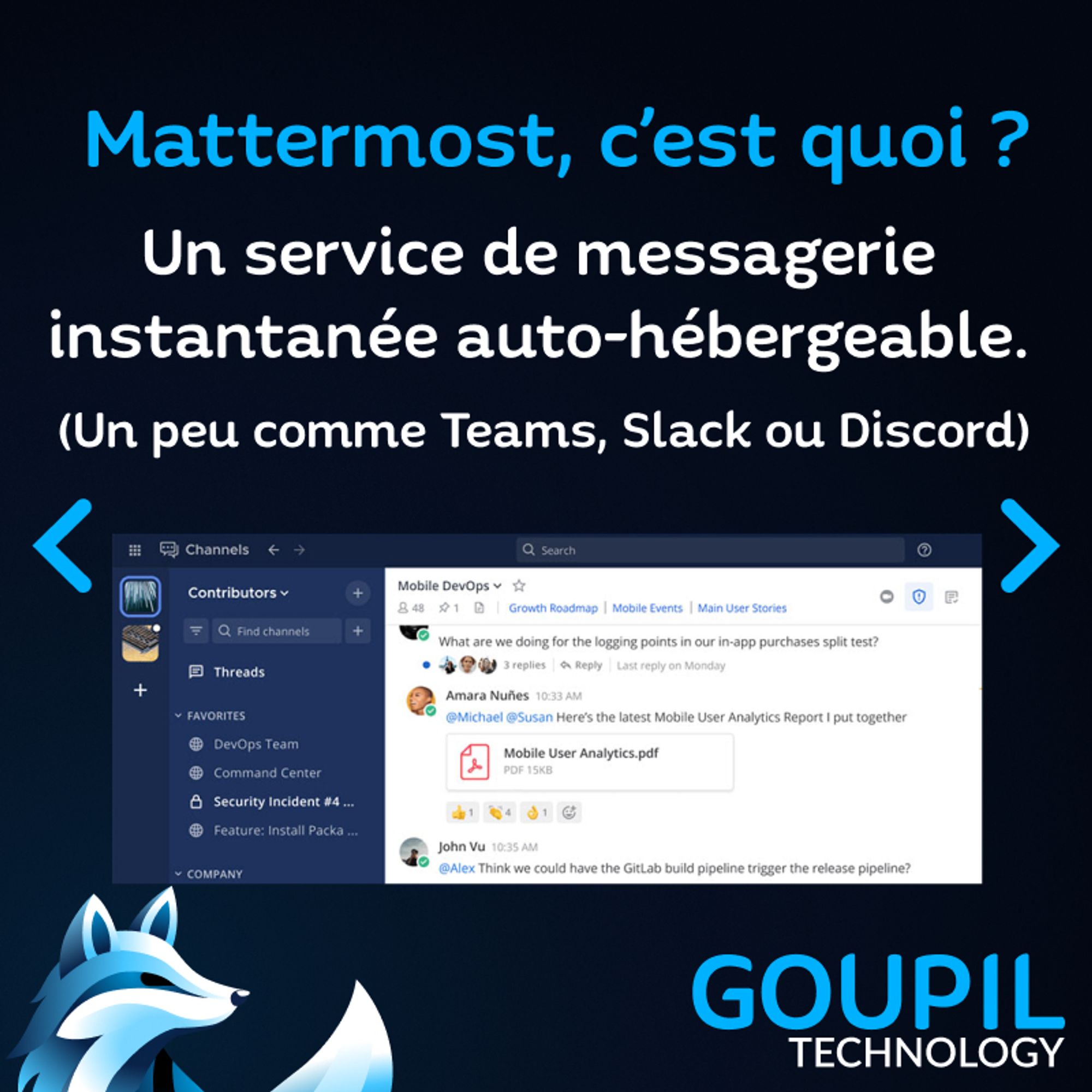 Un texte : "Mattermost, c'est quoi ? Un service de messagerie instantanée auto-hébergeable. (Un peu comme Teams, Slack ou Discord)"
En dessous, une image de messagerie instantanée.