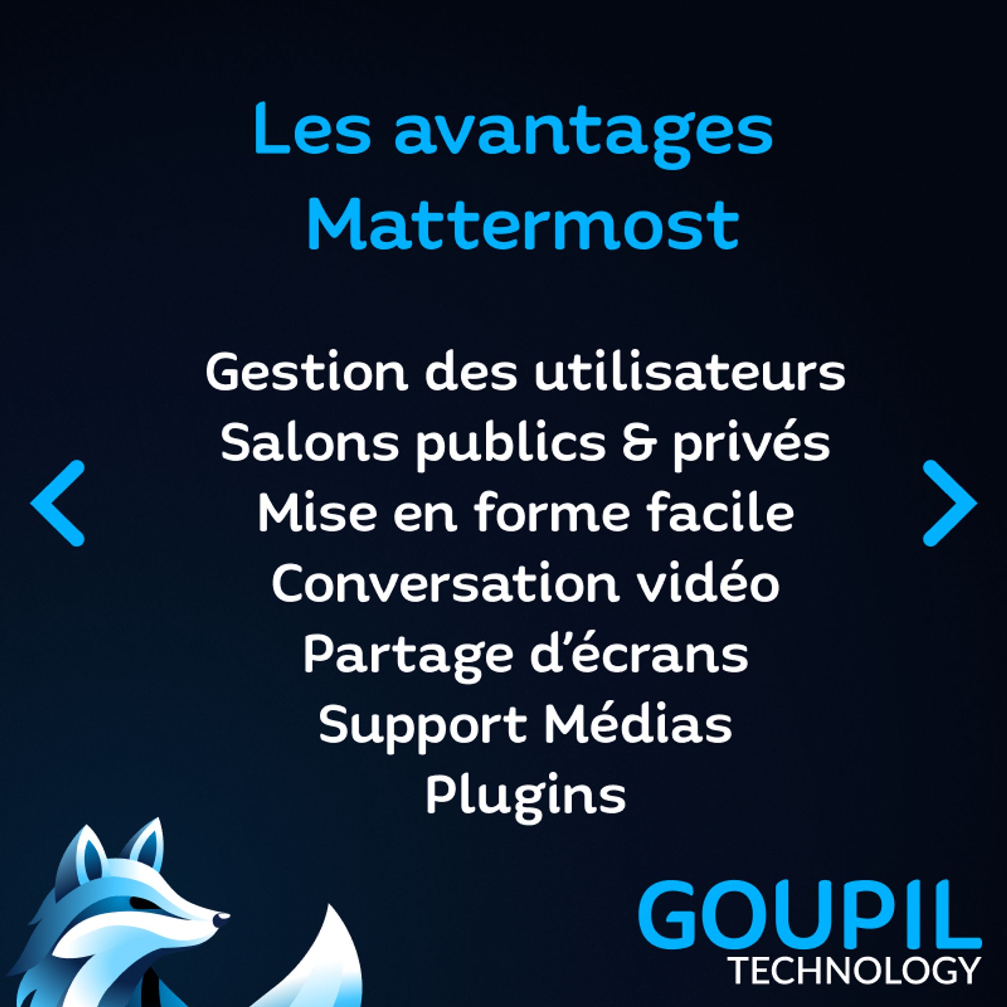 Un texte : "Les avantages Mattermost : Gestion des utilisateurs, Salons publics & privés, Mise en forme facile, Conversation vidéo, Partage d'écrans, Support Médias, Plugins"