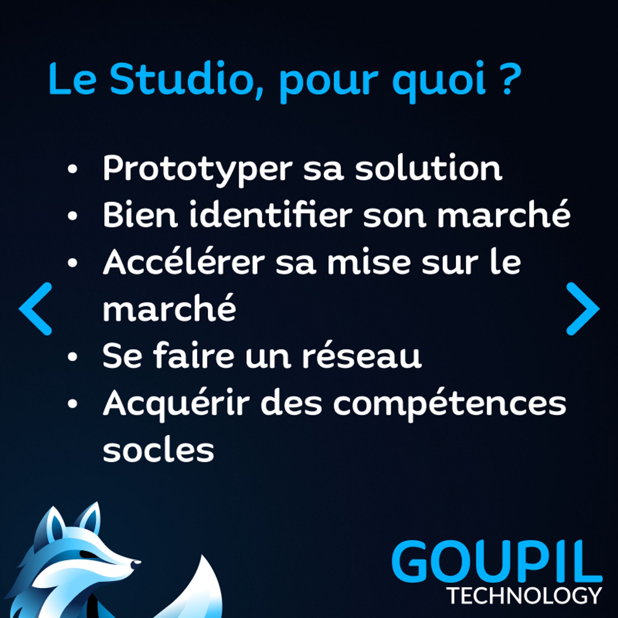 Un texte : "Le Studio, pour quoi ? Prototyper sa solution, Bien identifier son marché, Accélérer sa mise sur le marché, Se faire un réseau, Acquérir des compétences socles"