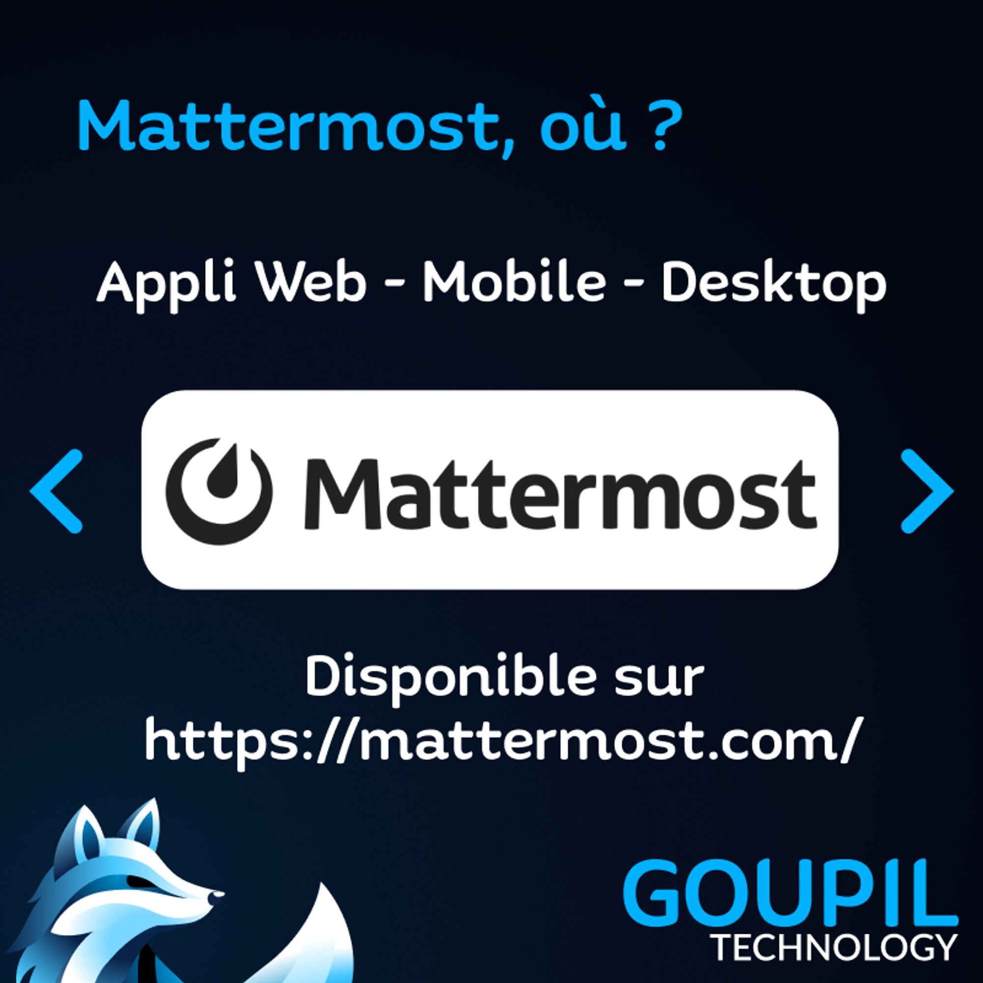 Un texte : "Mattermost, où ? Appli Web, Mobile, Desktop, disponible sur https://mattermost.com " avec le logo Mattermost au milieu de l'image