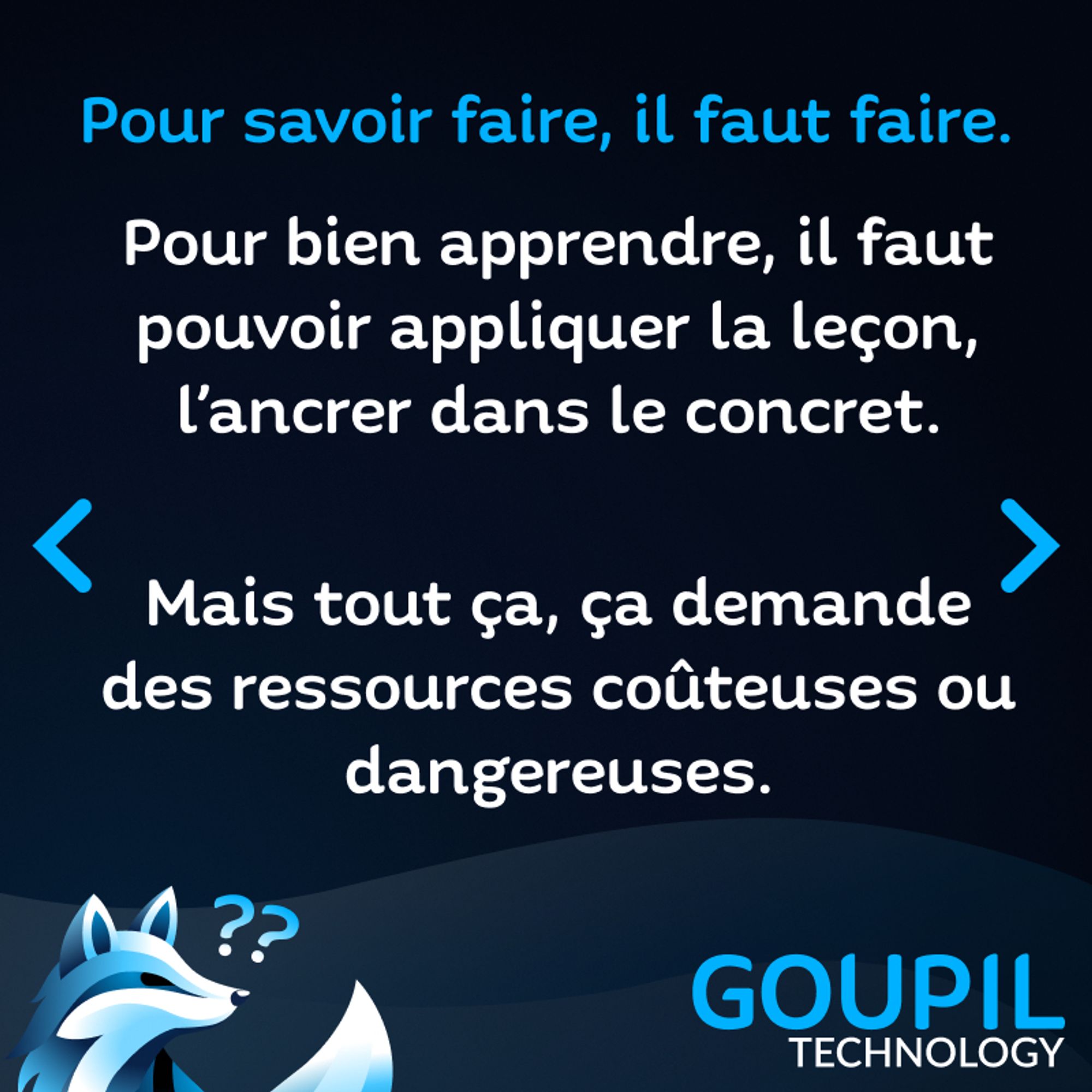 Slide textuelle : Pour savoir faire, il faut faire. Pour bien apprendre, il faut pouvoir appliquer la leçon, l’ancrer dans le concret. Mais tout ça, ça demande des ressources coûteuses ou dangereuses.