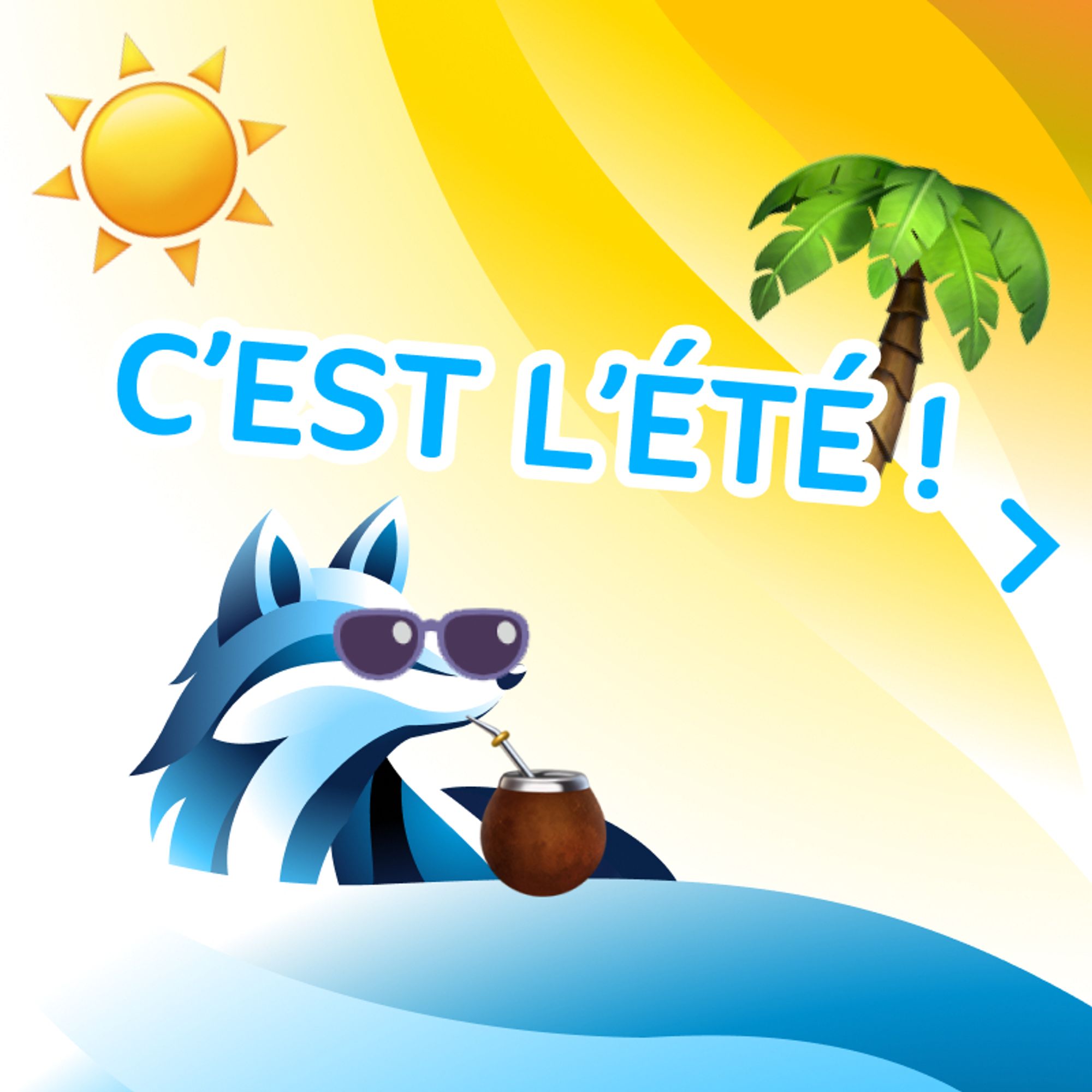 Une image aux couleurs estivales, dégradés de jaune en haut et comme la mer en dégradé de bleu en bas, et le petit logo Renard de Goupil Technology avec des lunettes de soleil en train de siroter un cocktail noix de coca, un petit palmier et le soleil avec écrit "C'est l'été !"