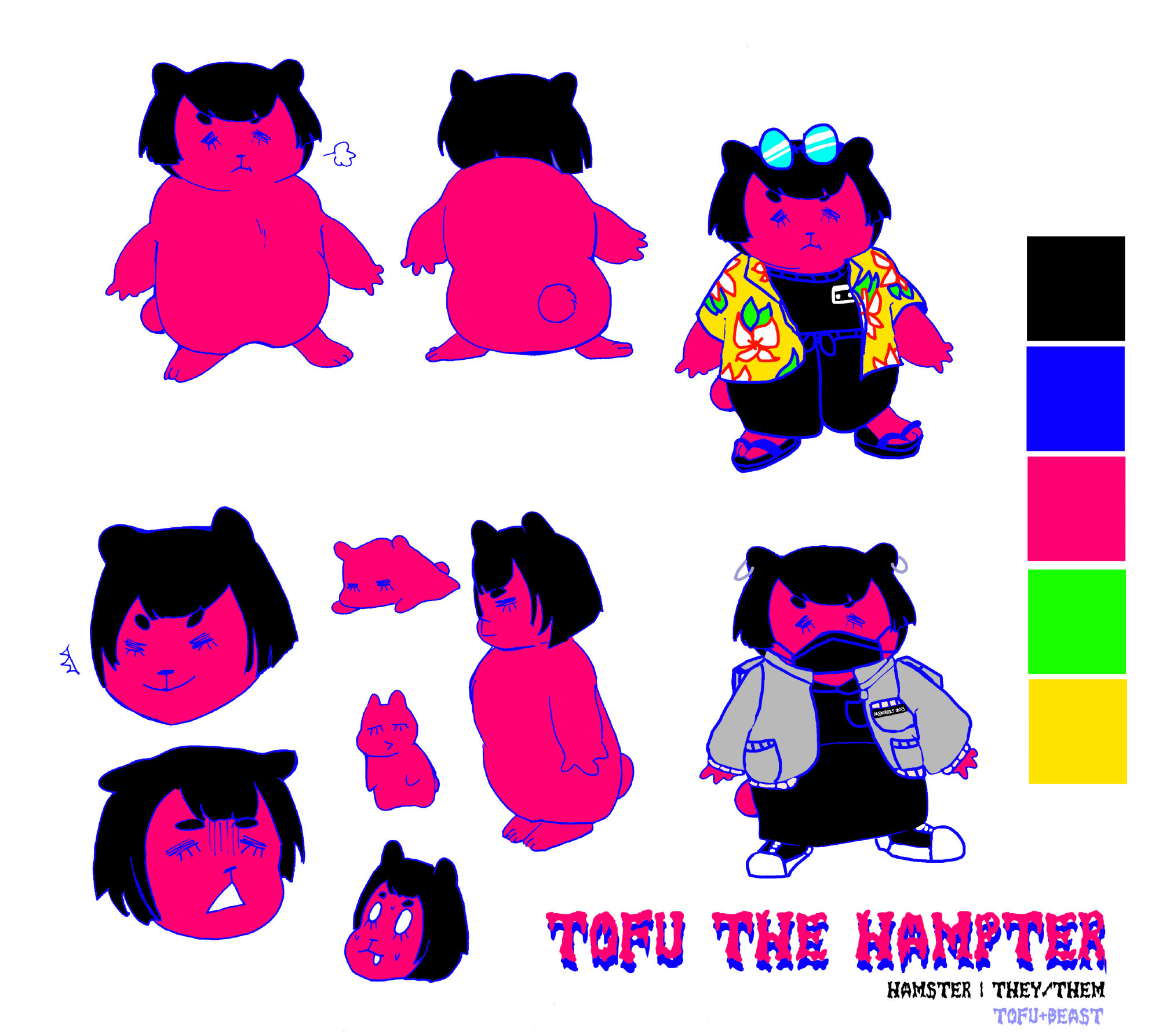 A reference sheet detailing a bright reddish magenta anthropomorphic chubby hamster with black ears, a bob hairstyle, and round eyebrows, as well as perpetually closed eyes. 

This character is drawn in a kemono style, and features a full body turnaround, facial expressions, and two outfit examples (black pants, black shirt, bright yellow and red aloha shirt with sunglasses, as well as a grey members only jacket, black polo shirt, black long skirt, a black face mask and earrings.)

The Reference sheet is labeled "Tofu the Hampter", lists their species as a hamster, pronouns as They/Them, and includes the palette of colors used. 