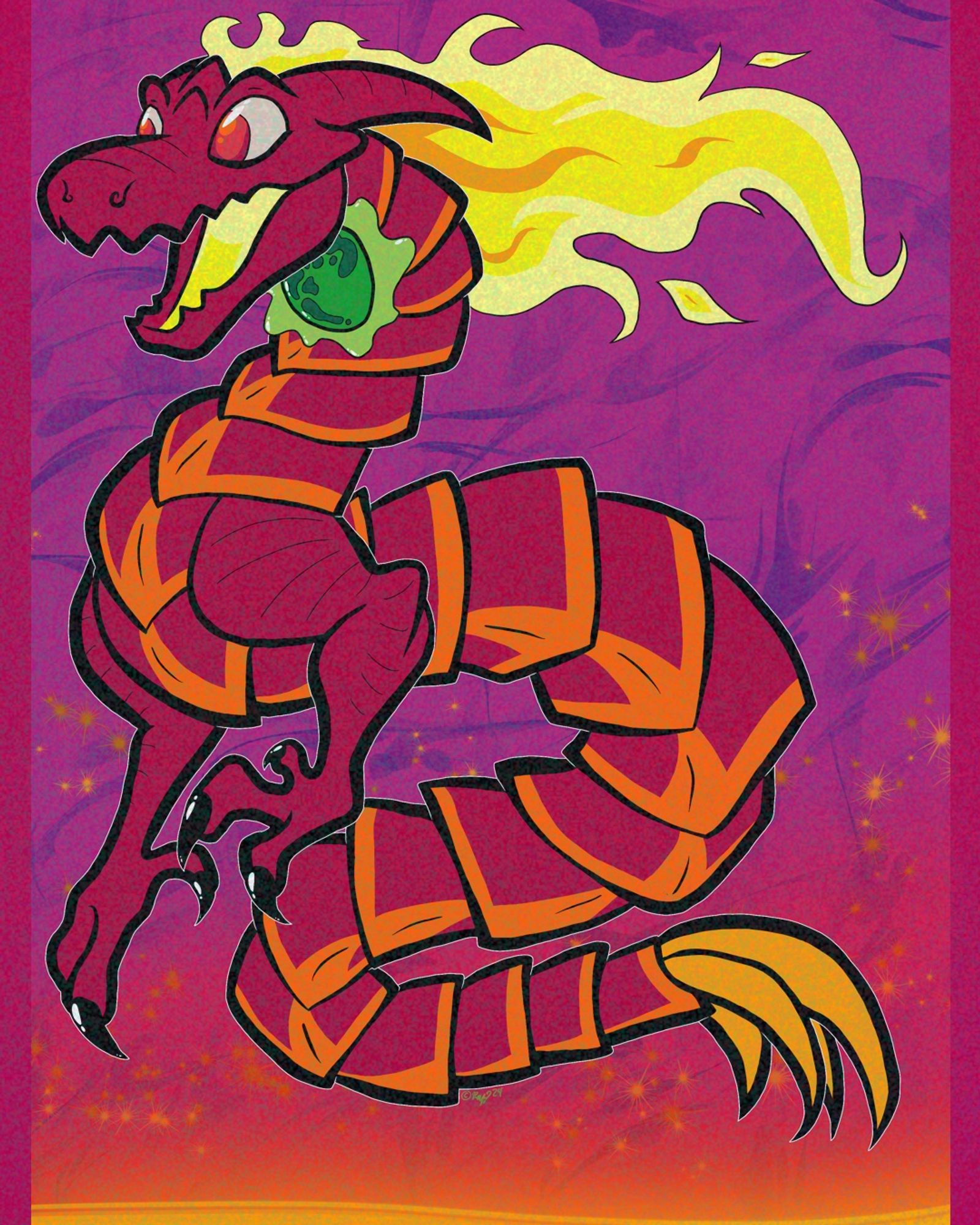 ID: Hovering over a hazy lava lake, a red two legged dragon opens its mouth in an expression that could be menacing or silly. Yellow flames whip behind their two horns in a long mane. A green orb glows under their chin. Their body is long and segmented like a milipede, red with each segment ending in orange. Their tail spikes are yellow, three fingered hands tipped with black claws. Huge red eyes boggle in their skull-shaped head.