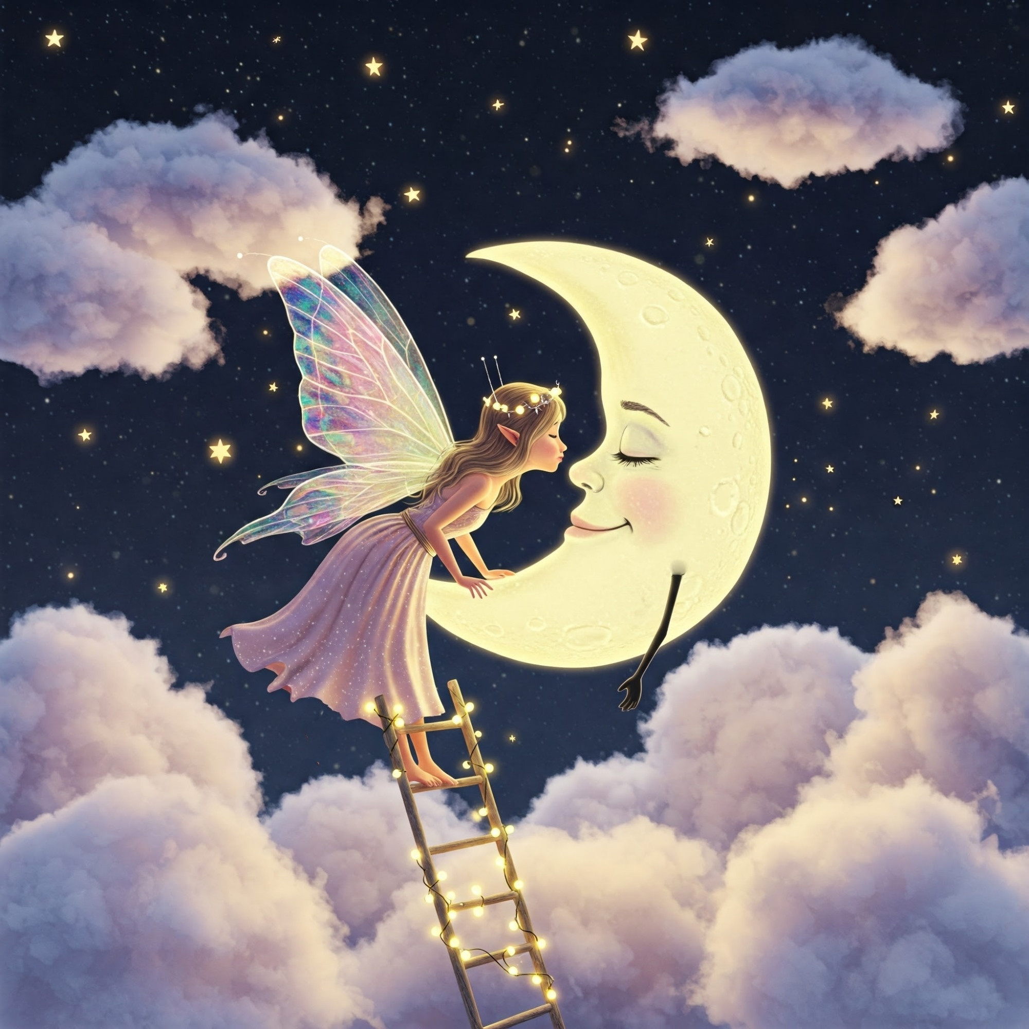 moon fairy standing on an enchanted ladder kissing a moon character goodnight, surrounded by stars and cotton candy like clouds, sparkling, illumination.