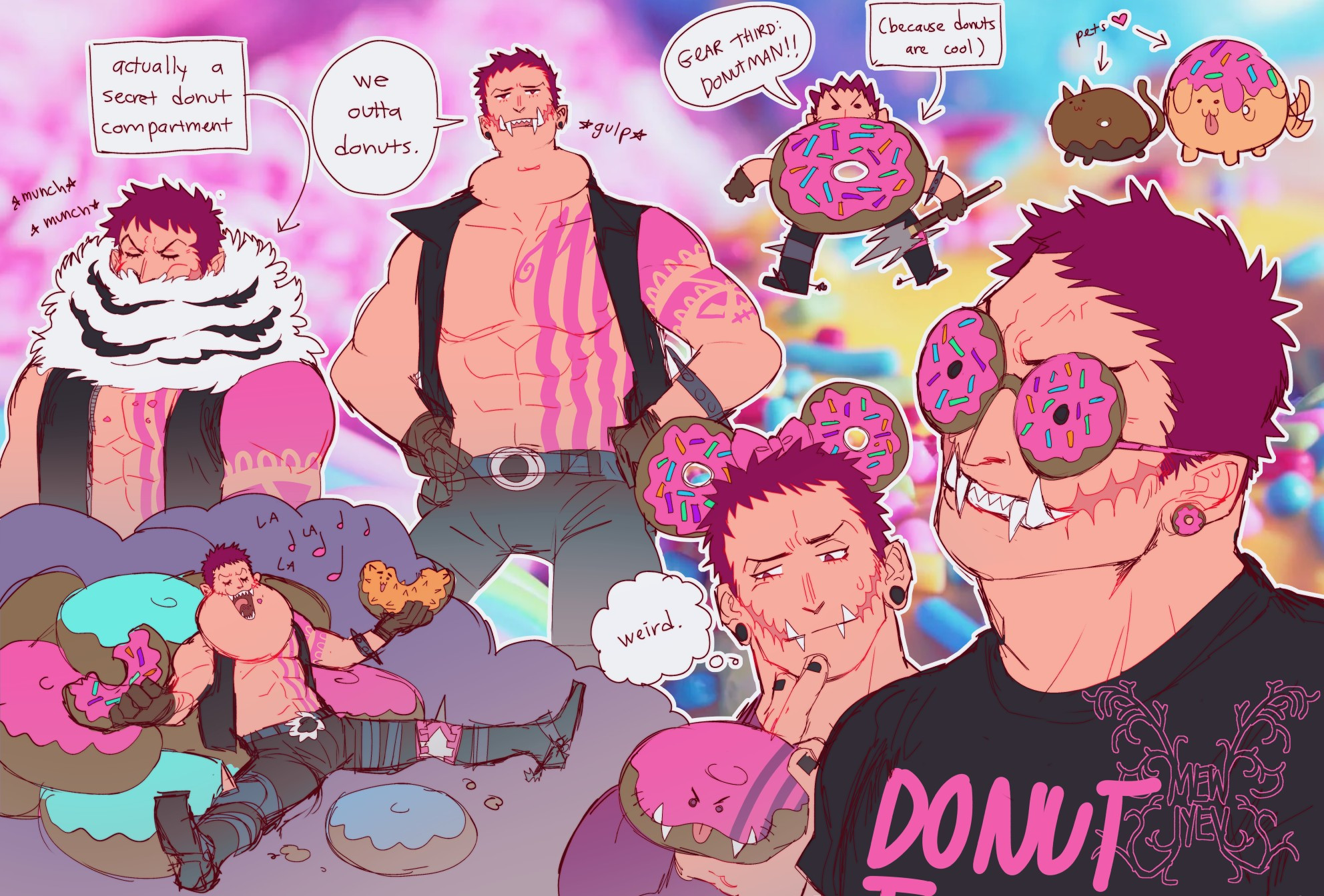 Collage of multiple Katakuri artworks related to donuts. It has flat colors with many pinks and blues with a blurred sprinkle donut background. The top left has art of Katakuri munching underneath his scarf with a note that says "actually a secret donut compartment." To the right is a drawing of Katakuri with a donut shaped impression in his neck and a *gulp* sound effect, and he's saying "we outta donuts." Next to that image is a small Katakuri with a donut body that says GEAR THIRD, DONUTMAN! *(because donuts are cool). To the rightmost part of the image are small doodles of a cat and dog who have frosted donut bodies. At the bottom right of the image is a portrait of Katakuri with donut glasses looking annoyed. Next to that, is Katakuri wearing donut mickey ears while holding a small anthromorphic donut that looks like him. He looks confused and is thinking "weird." The art to the bottom left is a full body image of Katakuri with his legs splayed out, sitting in a funny manner. He is singing and has two halves of donuts in each hand and his mouth is full of donuts.