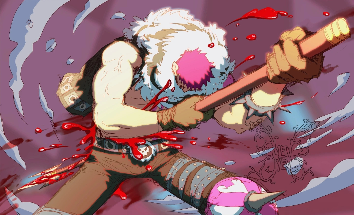 Illustration of Katakuri stabbing himself during the Katakuri vs. Luffy fight. The artwork is at an angle such that the end of the spear is closest to the viewer. He uses both hands to plunge it into his waist, blood spurting around in bright red colors. Hes leaning over in acceptance as he injures himself. The background has rounded dust and rocks indicating movement.