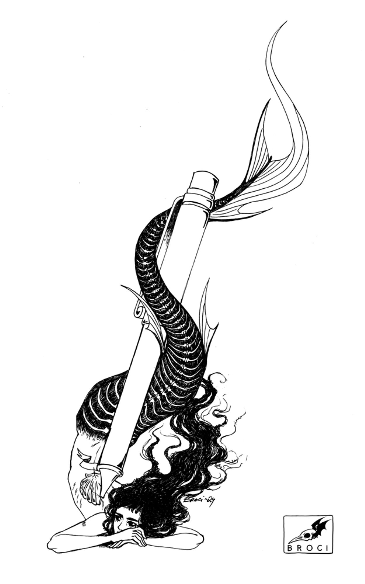 Mermaid with a fishbone tail getting drawn on by a pen