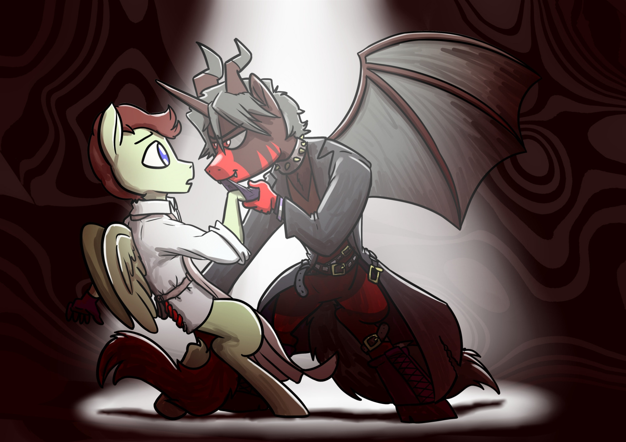 A black and red alicorn with bat wings in a trenchcoat gently pulls the gloves off a pale pegasus while the two of them dance under a spotlight.