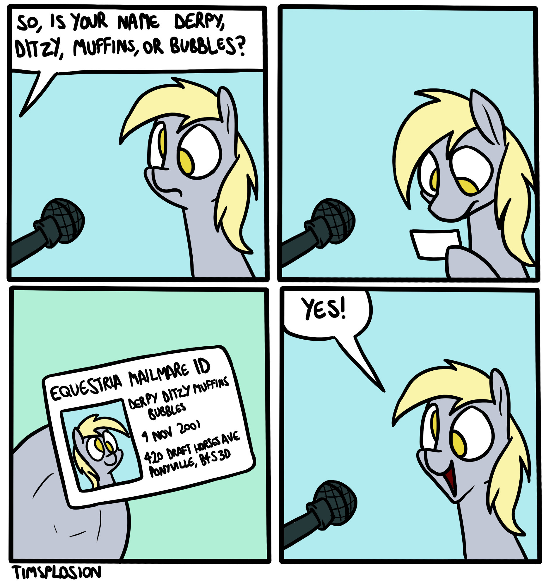 An interviewer asks "So, is your name Derpy, Ditzy, Muffins, or Bubbles?"

She checks her ID. It reads "Derpy Ditzy Muffins Bubbles". She replies "Yes!"