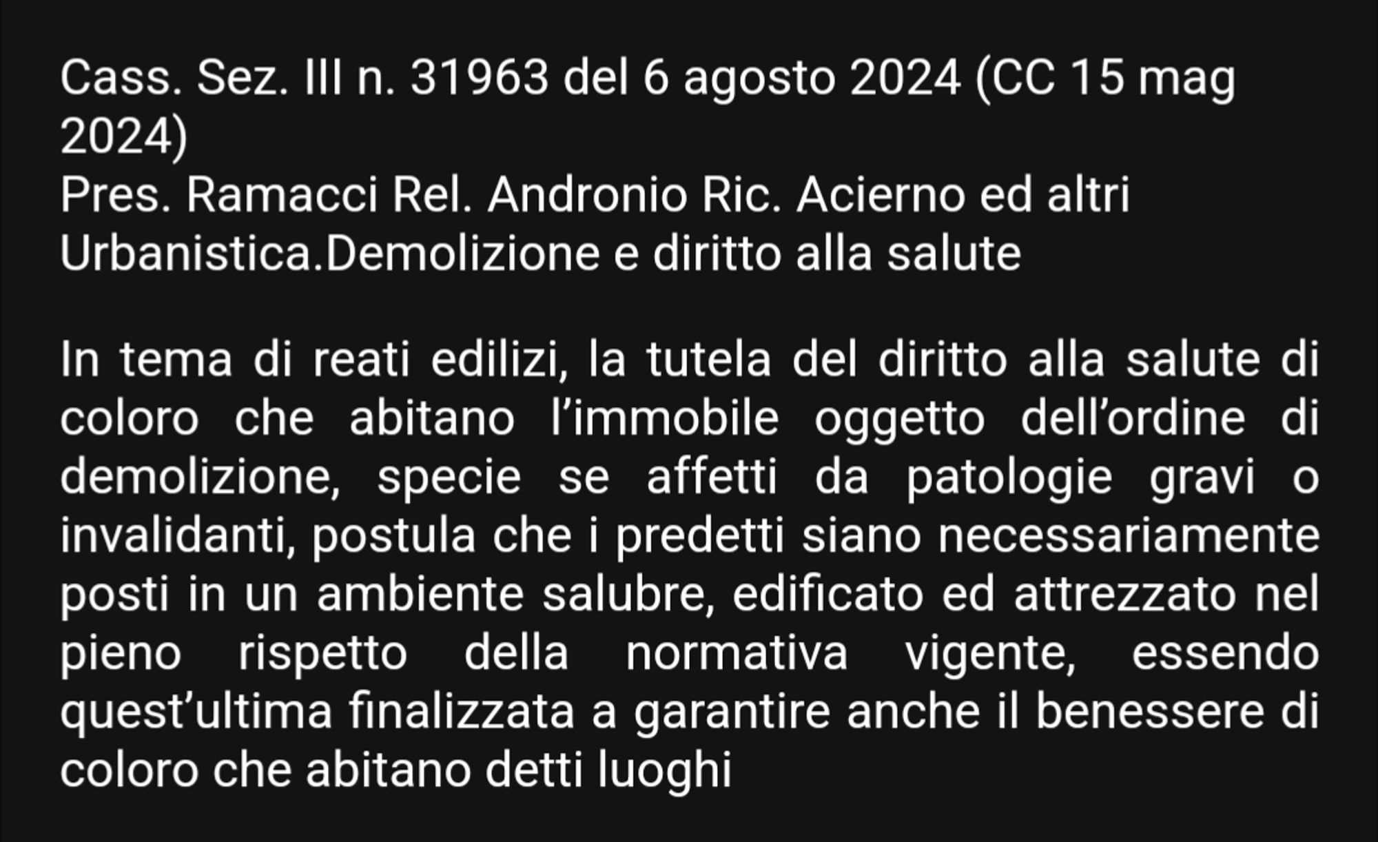 Massima della sentenza n. 31963 emessa il 6 agosto 2024 dalla terza sezione penale della corte di cassazione