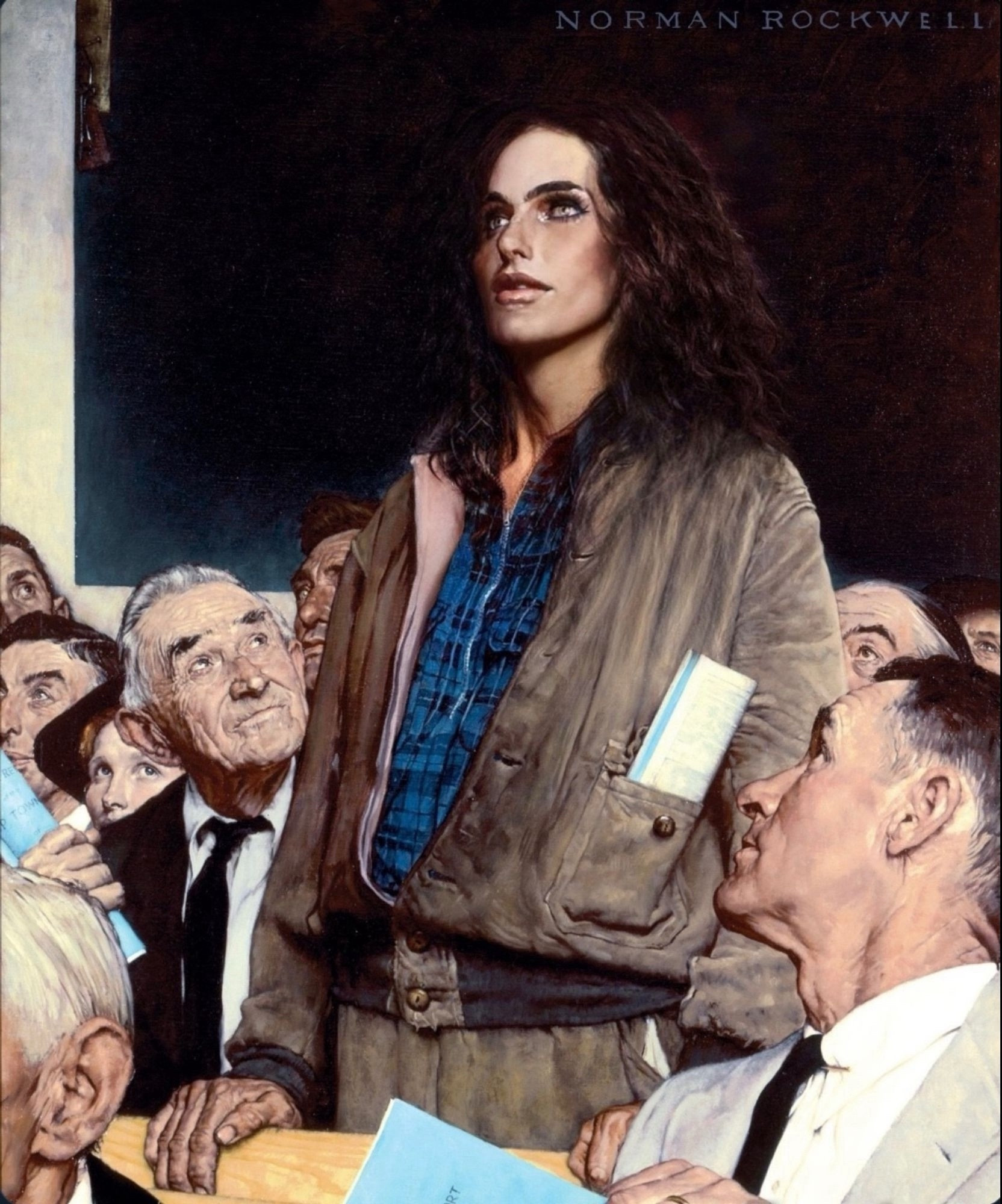 Norman Rockwell Freedom of Speech painting with a woman instead of a man 