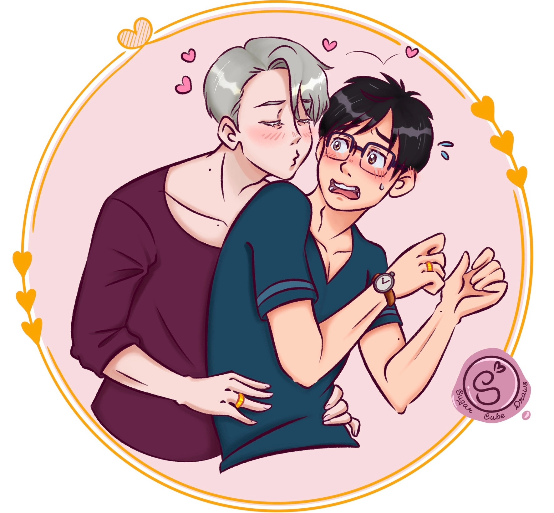 A ‘Yuri on ice’ fanart of Victor Nikiforov trying to kiss Yuuri Katsuki from the back, to which Yuuri reacts in a flustered manner. Hearts are popping up around Victor and bouncing off Yuri to signify that his affection is not being reciprocated just yet. A circular border with hearts engraved and twisted in, surrounds the two of them, followed by a wax stamp like artist’s signature.