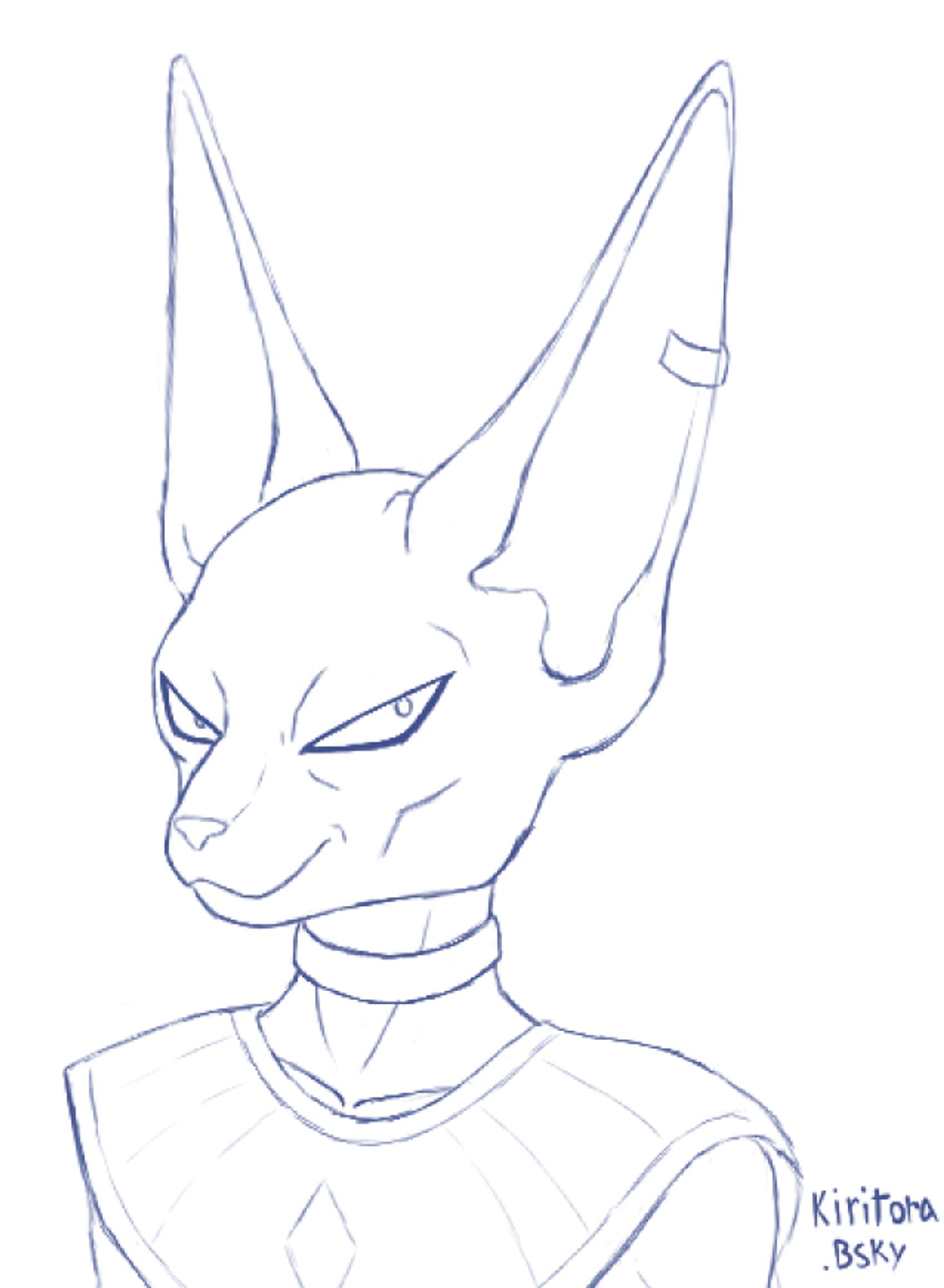 Portrait of a sphinx cat man looking a little smug. He is the one and only Beerus.