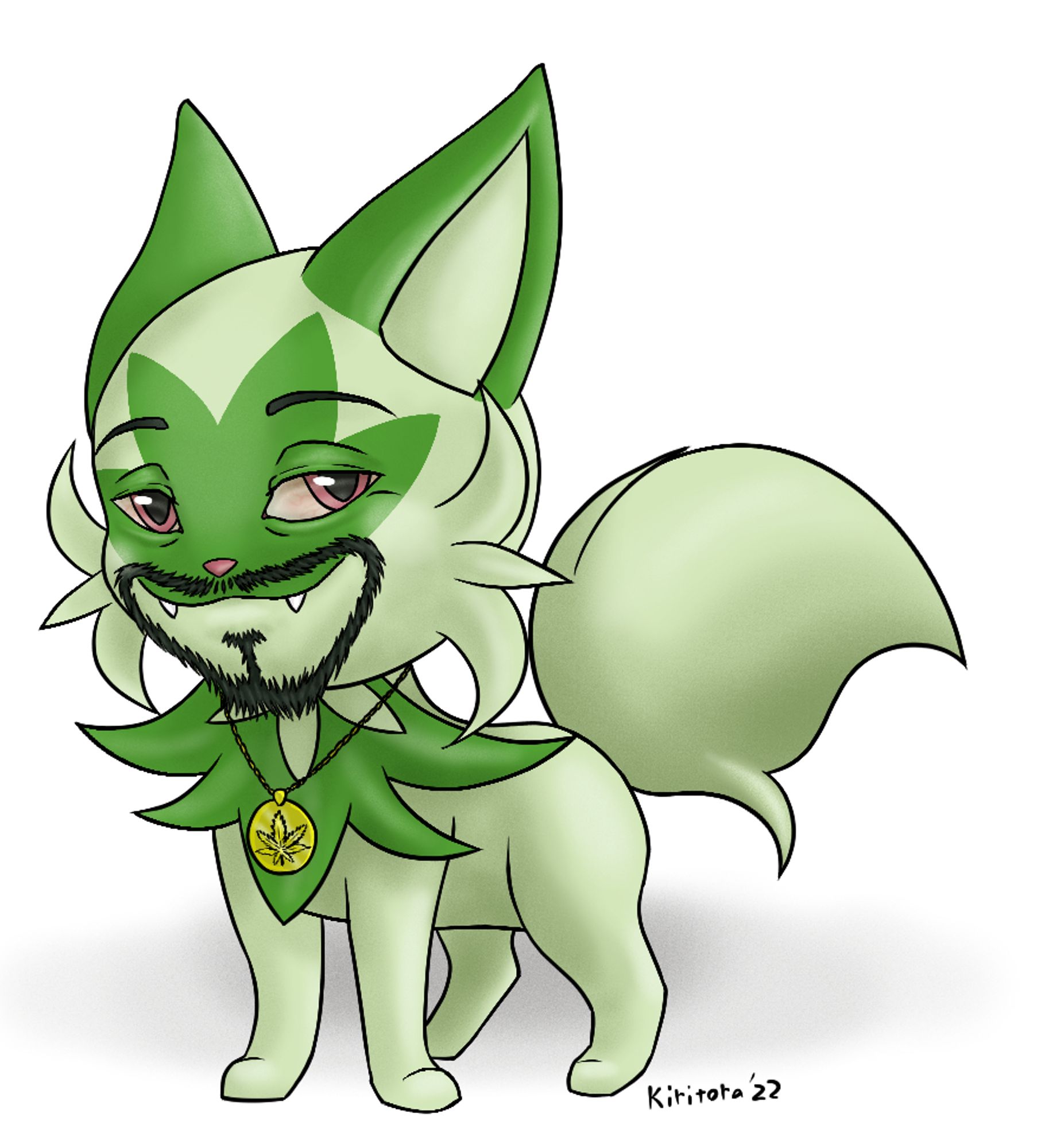 A green cat pokemon called sprigatito but instead of it's normal cute face it's snoop dogg.