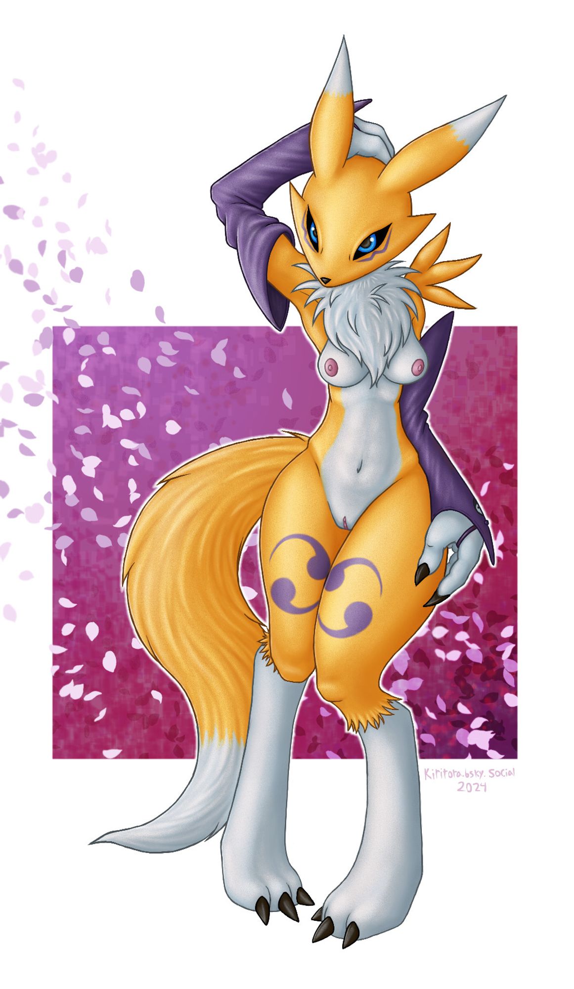 Renamon posing pigeon-toed with one hand on her head and the other resting on her hip.