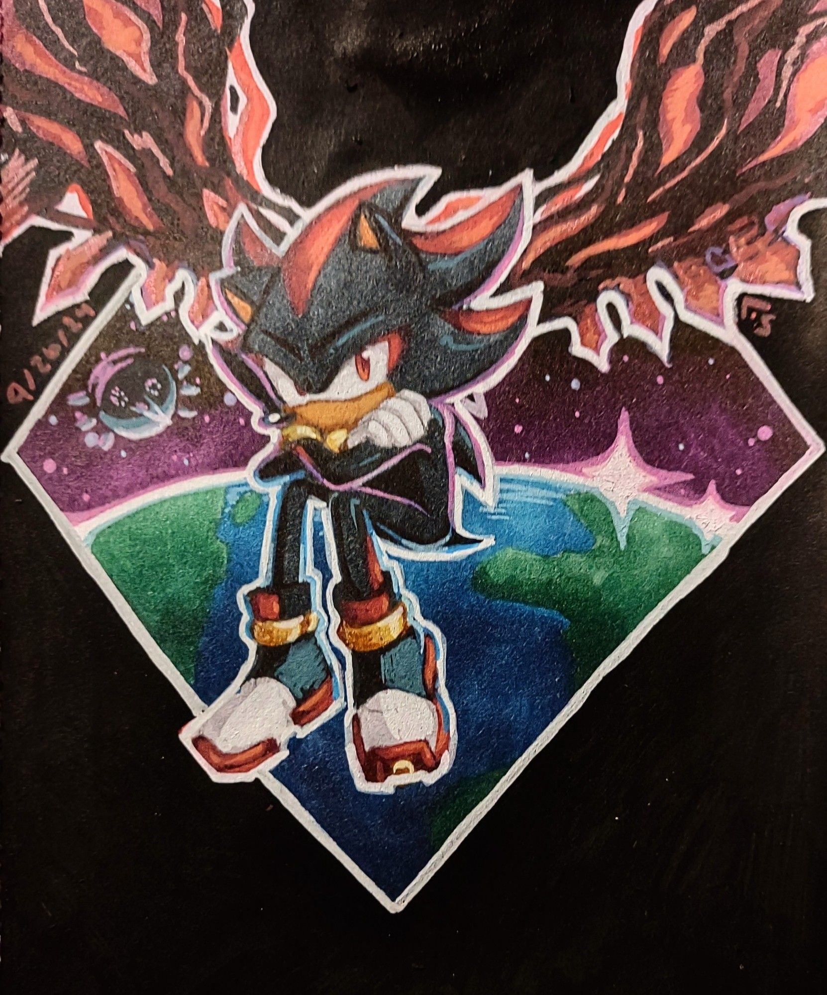 Mixed media drawing (alcohol markers, acrylic markers, colored pencils) of Shadow the Hedgehog. He has spiky, twisting red wings. Behind him is a Chaos emerald shaped window showing light reflecting off the ARK and the Earths surface.