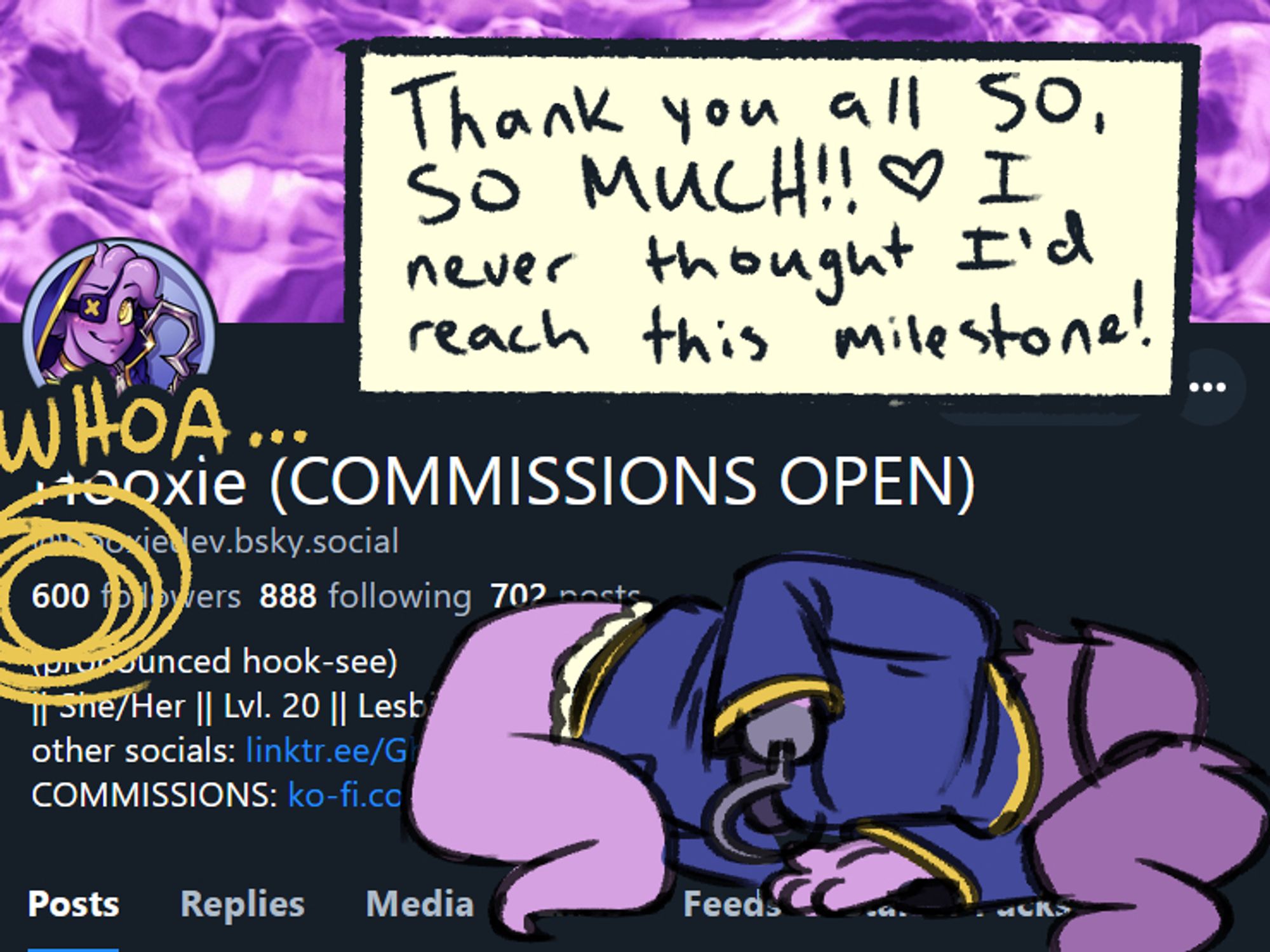 Hooxie doing the Family Guy Death Pose over an image of my follower count (600). Text reads "Thank you all SO, SO MUCH! I never thought I'd reach this milestone!"