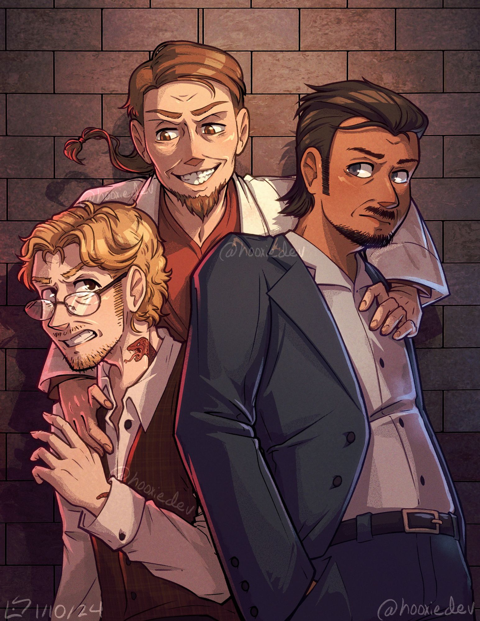 A digital illustration of three original characters. On the left is Victor Price, a government agent with messy blonde hair, glasses, and a serpent tattoo. In the center is Wright Aegis, a doctor with red scrubs and a ponytail. He grabs the other two by their shoulders. On the right is Luis Montoya, a detective with a crisp blue suit and slicked-back hair. 
They all glare at each other like they hate each other. They stand against a grey brick wall because I had no other ideas for a background.