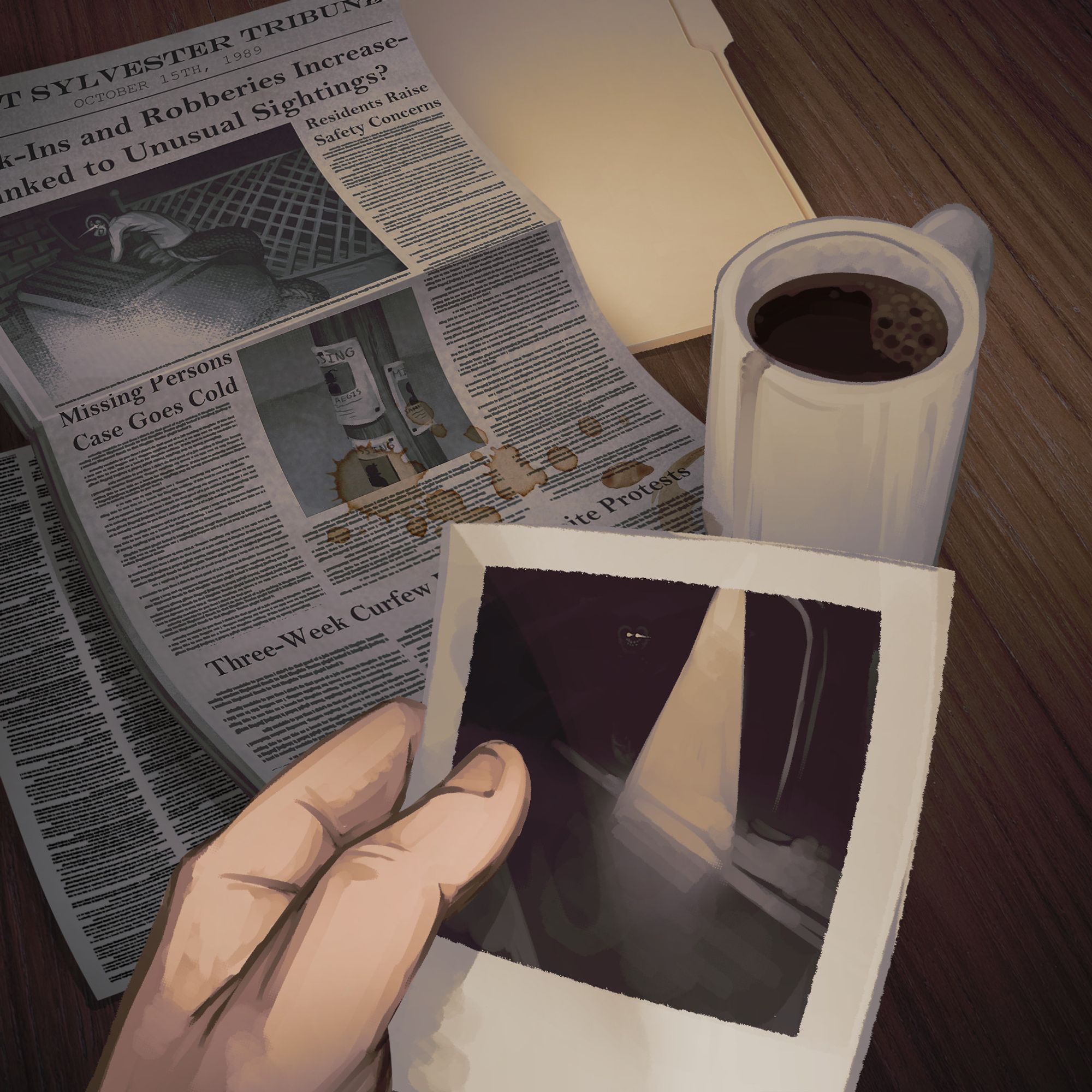 A man holds a photograph of a dimply lit street. A pair of bright eyes is peeking through the darkness. In the background is a coffee-stained newspaper talking about unusual creature sightings.