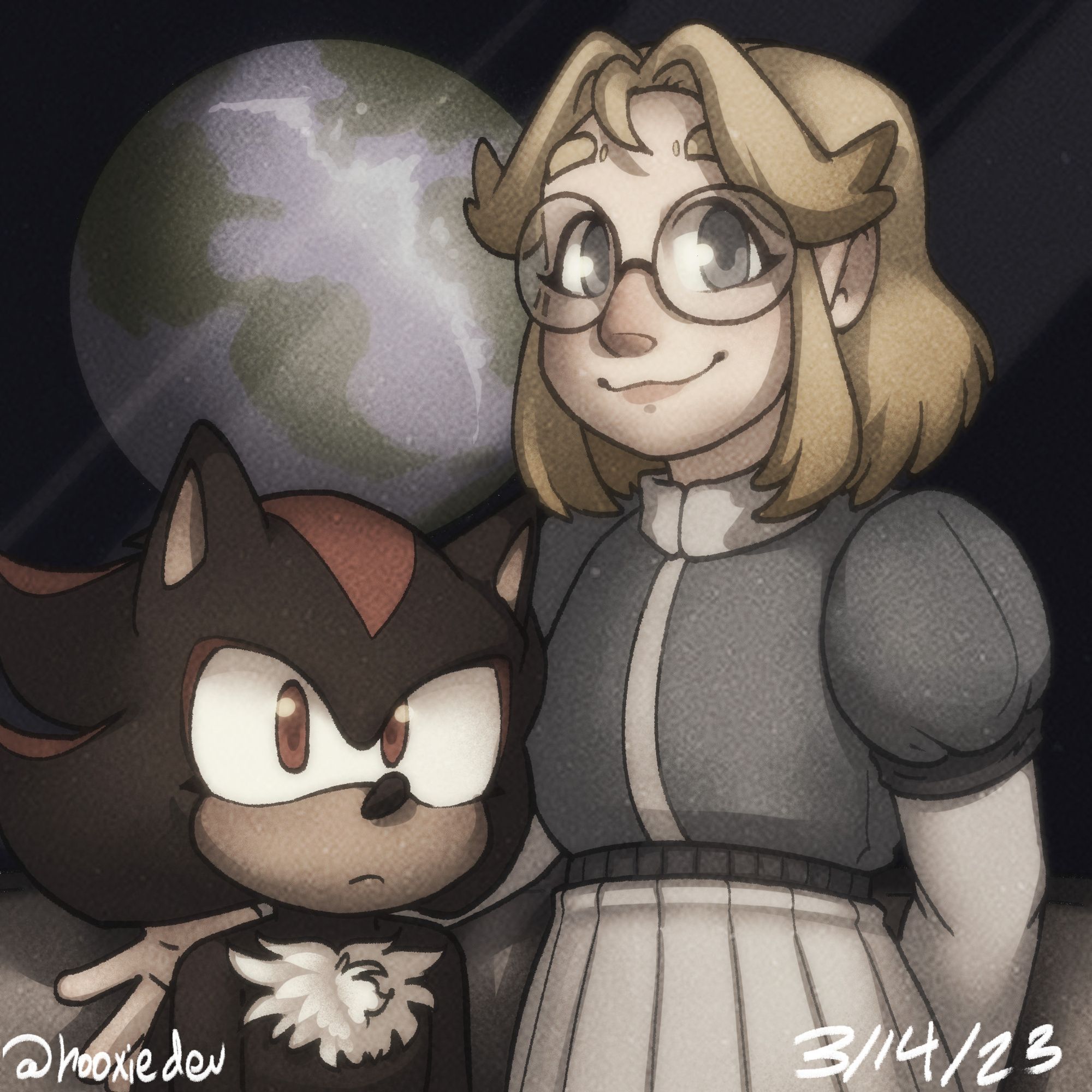 A drawing styled like a vintage photograph. A small, wide-eyed Shadow the Hedgehog stands next to Maria Robotnik as they pose for a picture. Behind them is a window showing a view of the planet Earth.