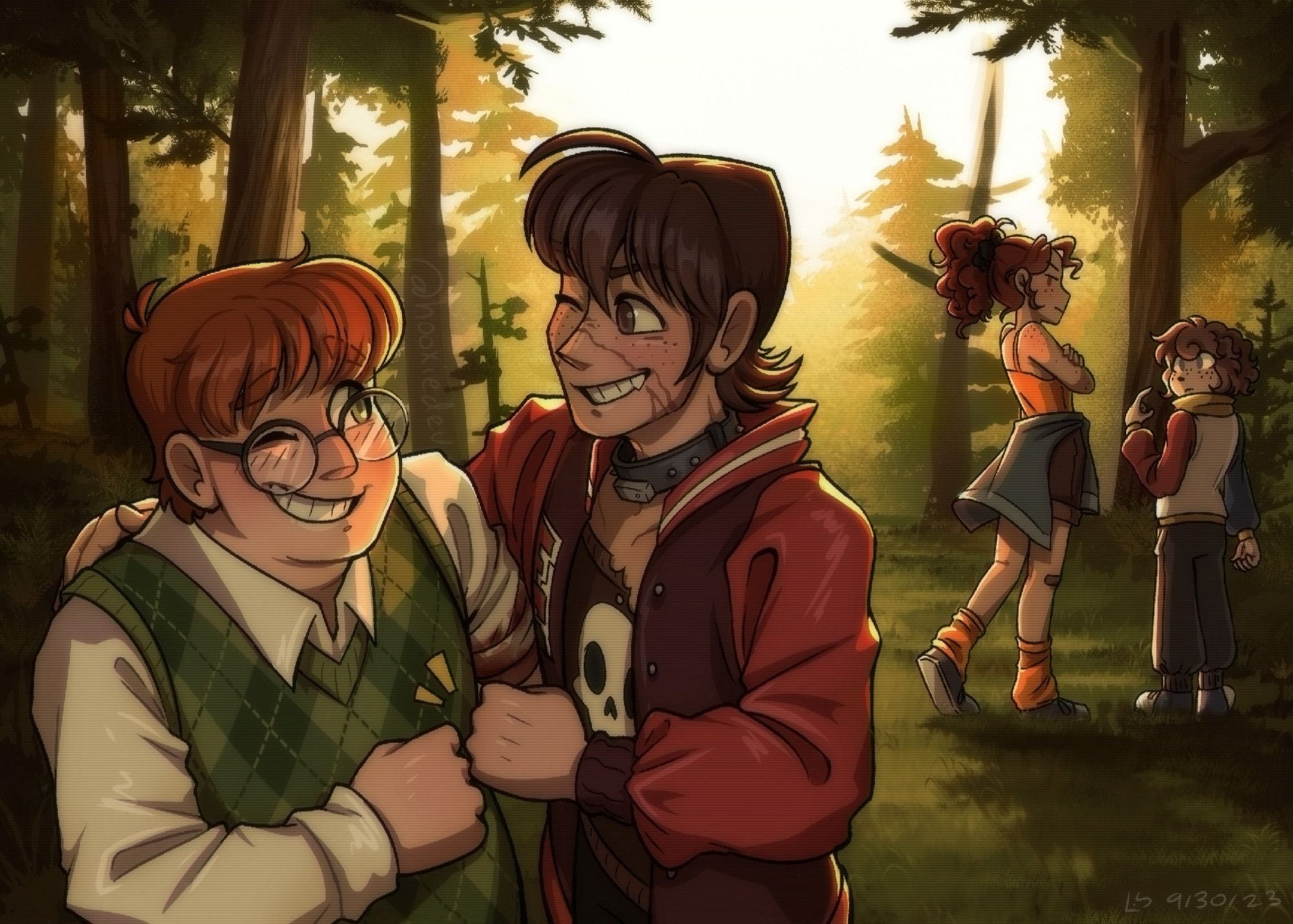 A digitally illustrated scene of three teens and a younger child in a lush evergreen forest just before sunset. Mike, the tallest of the four, wears a red letterman jacket and a ripped skull t-shirt. He's happy, clearly celebrating something. Ricky, a red-haired teen with a green sweater vest, gives Mike a fist-bump. In the background, two more figures look on. Suzy, a teenage girl with dark auburn hair, crosses her arms. Brendon, a young child, is pondering curiously.