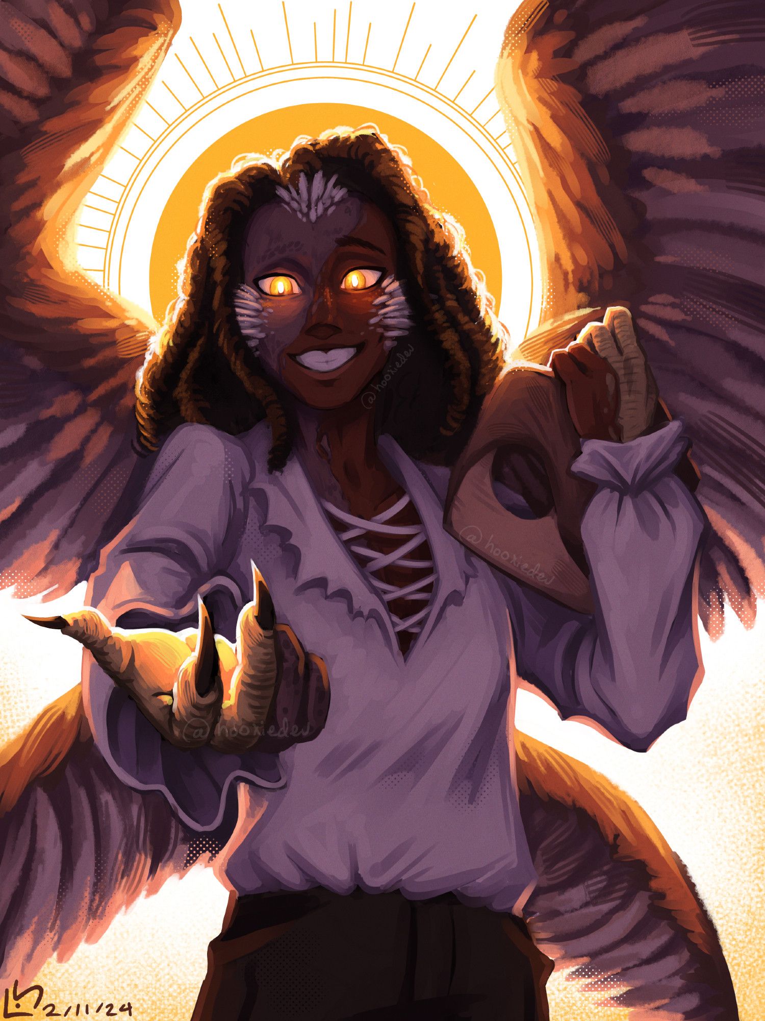 A digital painting of a character named Silas (they/them), who is part human and part owl. Two sets of wings are outstretched behind them. They have glowing golden eyes and a friendly smile. In one hand, they hold a wooden owl mask; the other hand reaches out towards the viewer. Both hands resemble bird talons on one half. There is a strong light source behind them, creating a glowing effect.