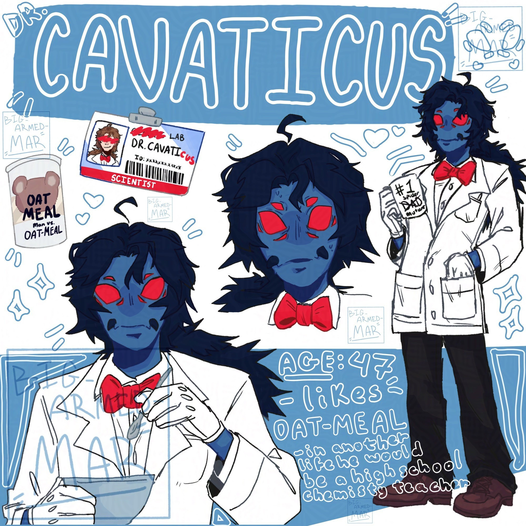 Digitally fully rendered illustration of my OC Cav from my webcomic FamilyWeb. Cav(blue “skin” dark blue hair, 8 red eyes (but only 4 eyes in the picture)
The left side of his face has a chunk missing and out if it flowers are sprouting and butterflies are flying all around him. He’s holding is left hand up and the text next to him says “so long. . . Suckers. . .” Implying he’s leaving for a long time.

His face has cracks in it and some cracks run through his 4 eyes, the other 4 are obscured by the hole in his face.

He wears a white button up with a lab coat over it, with a bright red bow tie that matches his eyes, and he always wears gloves, he does not have pinkies.