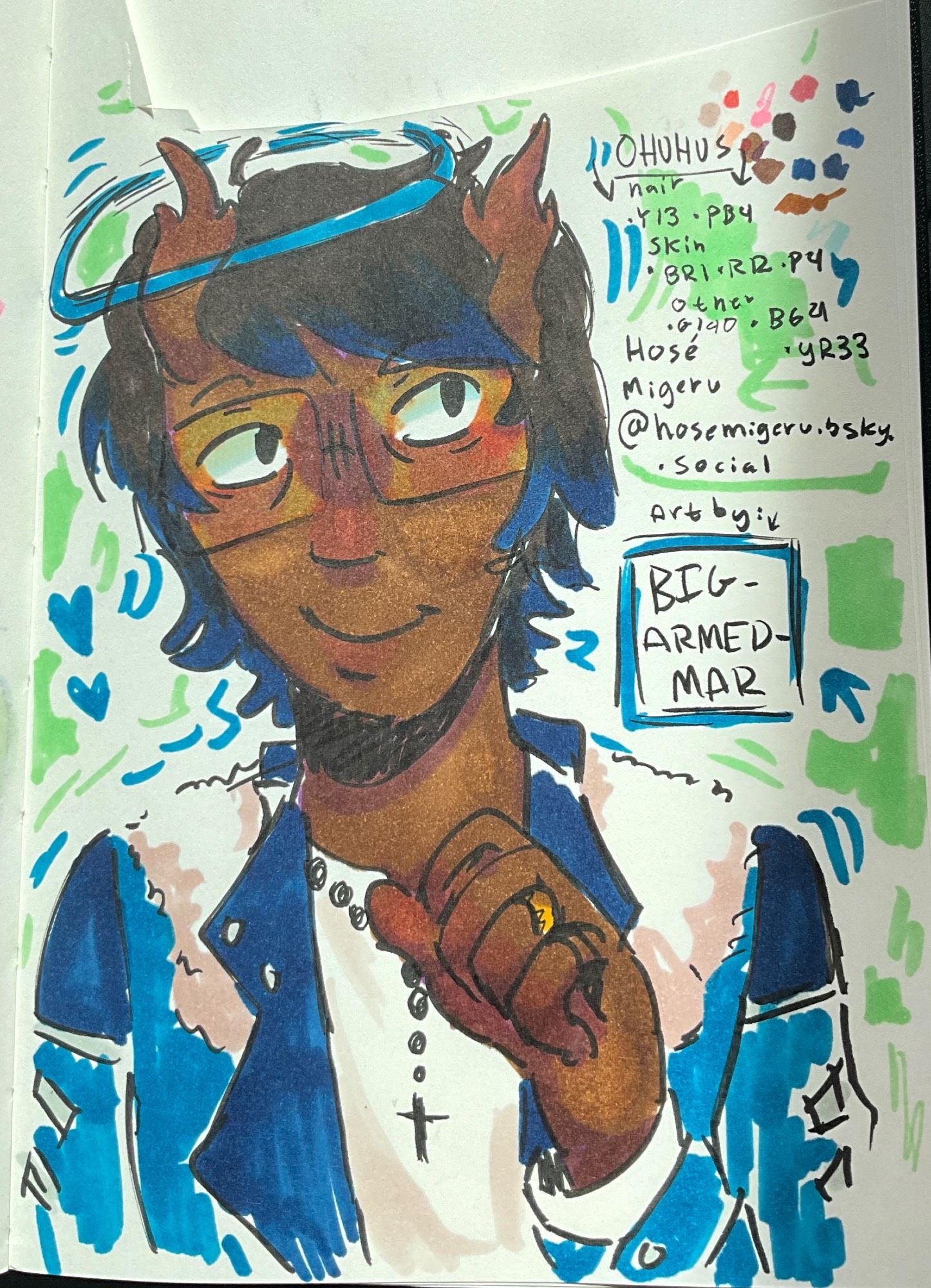 Traditional art drawing of Hosé Migeru using ink brushes and ohuhu markers. (Dark brown hair with blue gradient and silly little horns; blue outfit as well with dark skin)