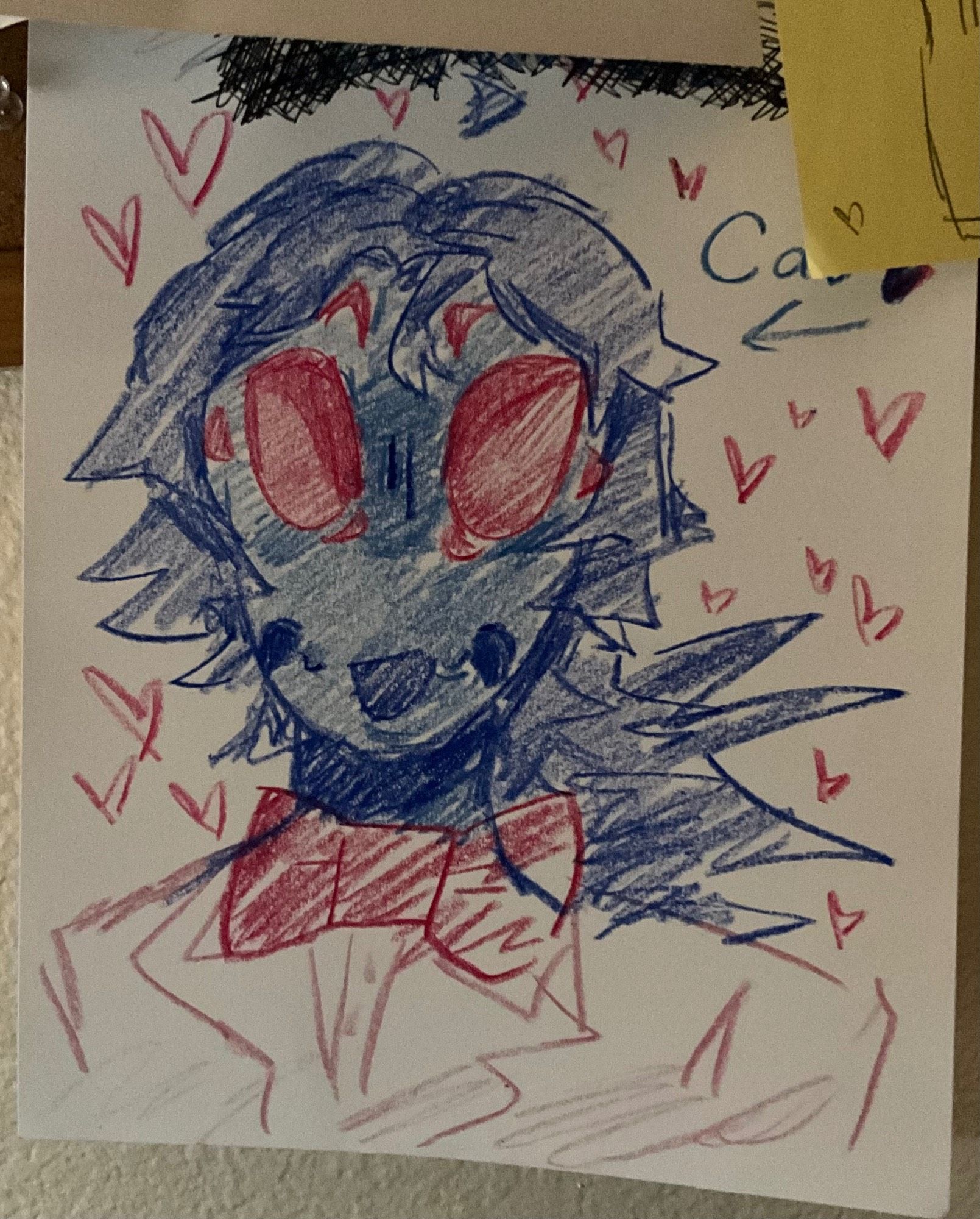 Drawing of Cav (from my webcomic familyweb) smiling at the camera. He has 8 red eyes. Blue skin(?) and dark blue hair. White lab coat and a red bow tie.