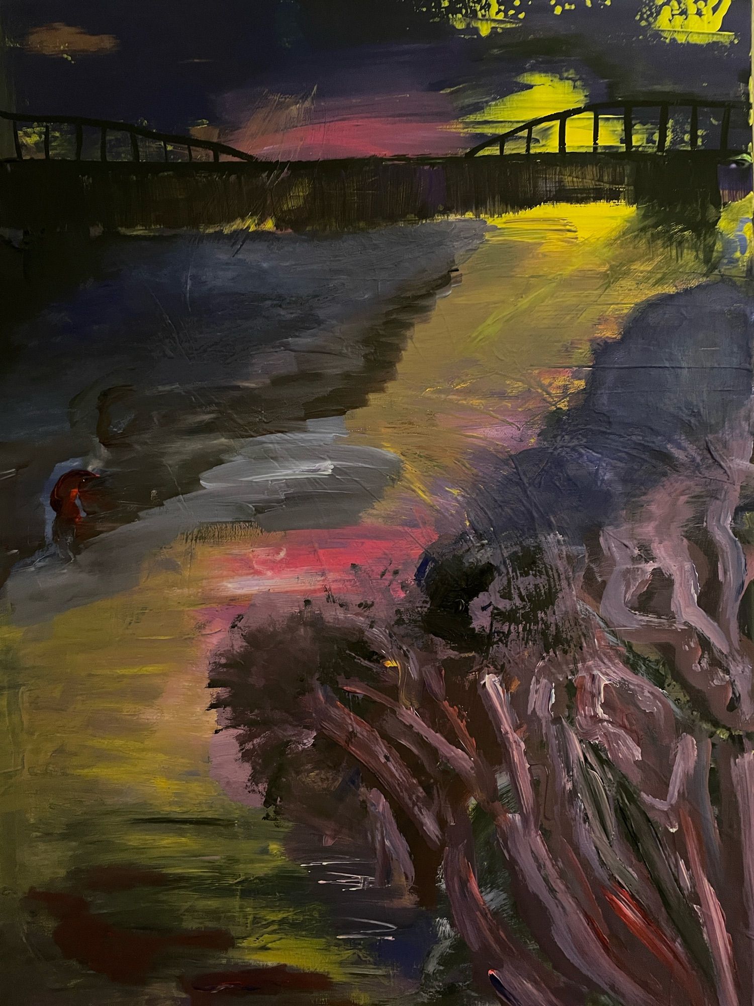 A nighttime river with pink and yellow colors winds past trees on the right and under a massive iron bridge, where the colors are strongest.
Ein nächtlicher Fluss mit rosa und gelben Farbspielen schlängelt sich an rechts wachsenden Bäumen vorbei und unter einer massiven Eisenbrücke hindurch, wo die Farben am stärksten sind.
Wenn du dieses Acrylbild auf Leinwand kaufen möchtest, freue ich mich sehr über deine E-Mail an mich als Freiberuflerin: antje25001 (at) gmx.de mit deiner Preisvorstellung. Ich bin MwSt-befreit. Danke.