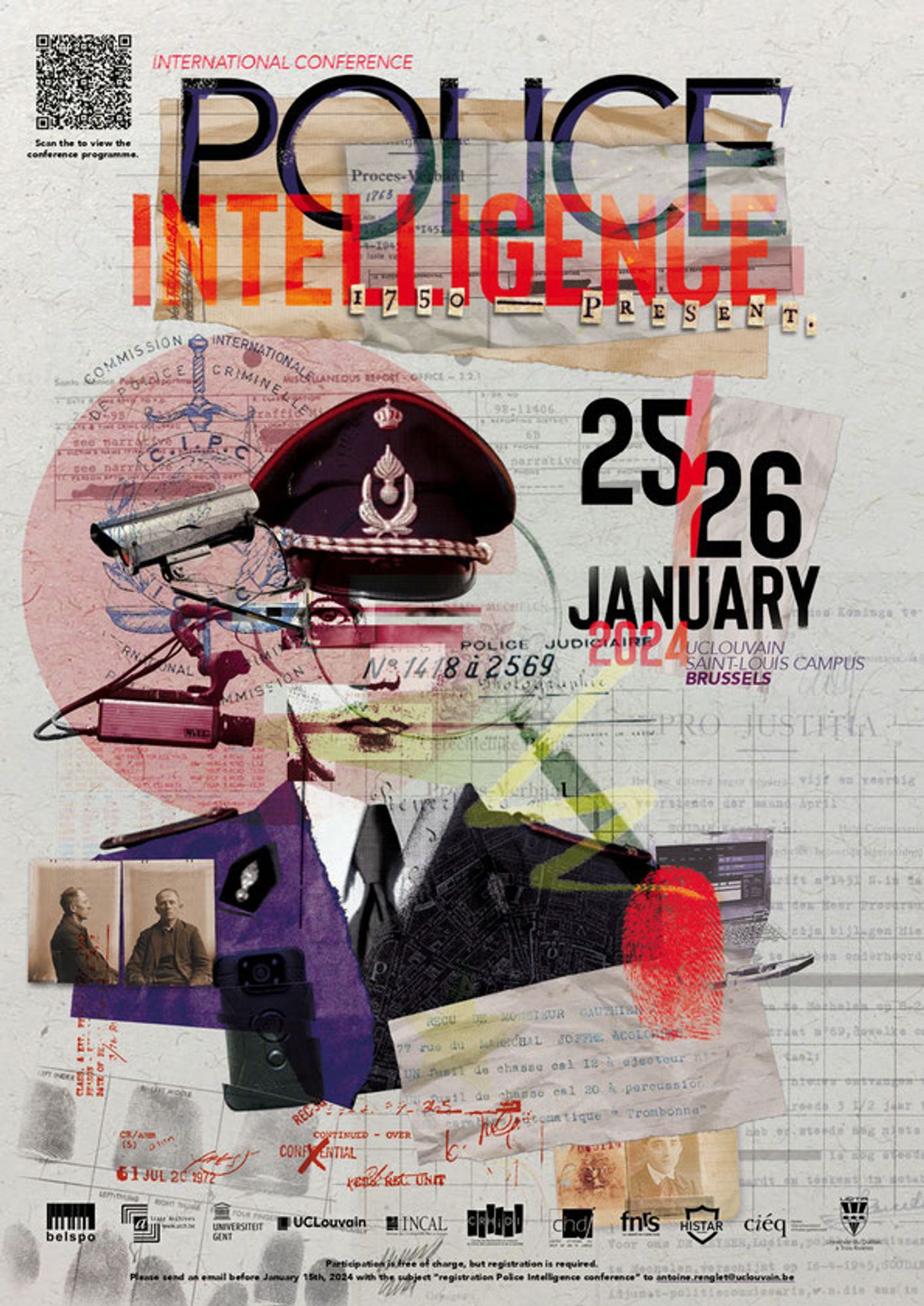 Affiche du colloque Police Intelligence - représentation graphique d'un policier, de "traces", de matériel de surveillance