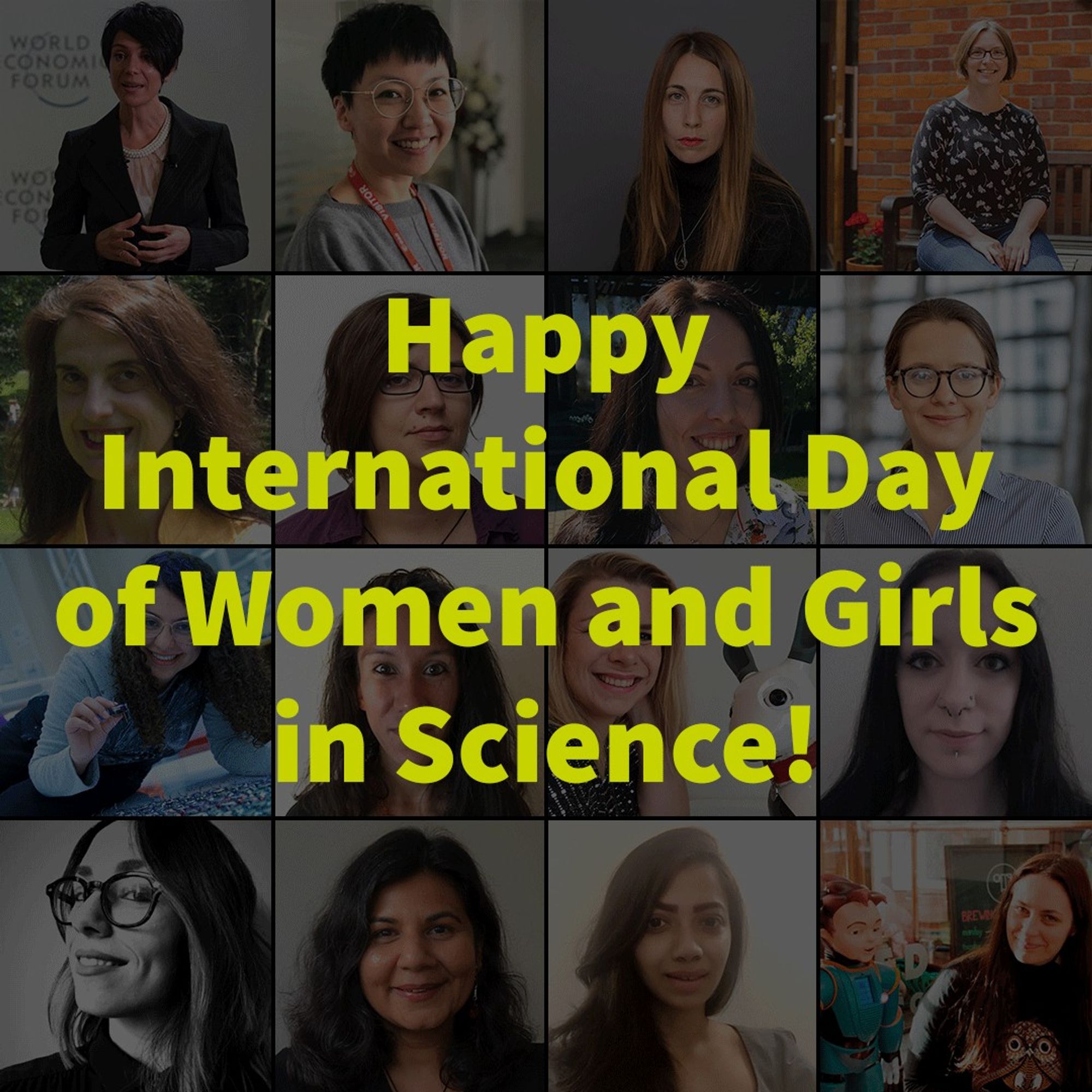 An animated GIF of photos of women who have been on the Robot Talk podcast. Bright green text overlaid over the changing images reads: "Happy International Day of Women and Girls in Science!"