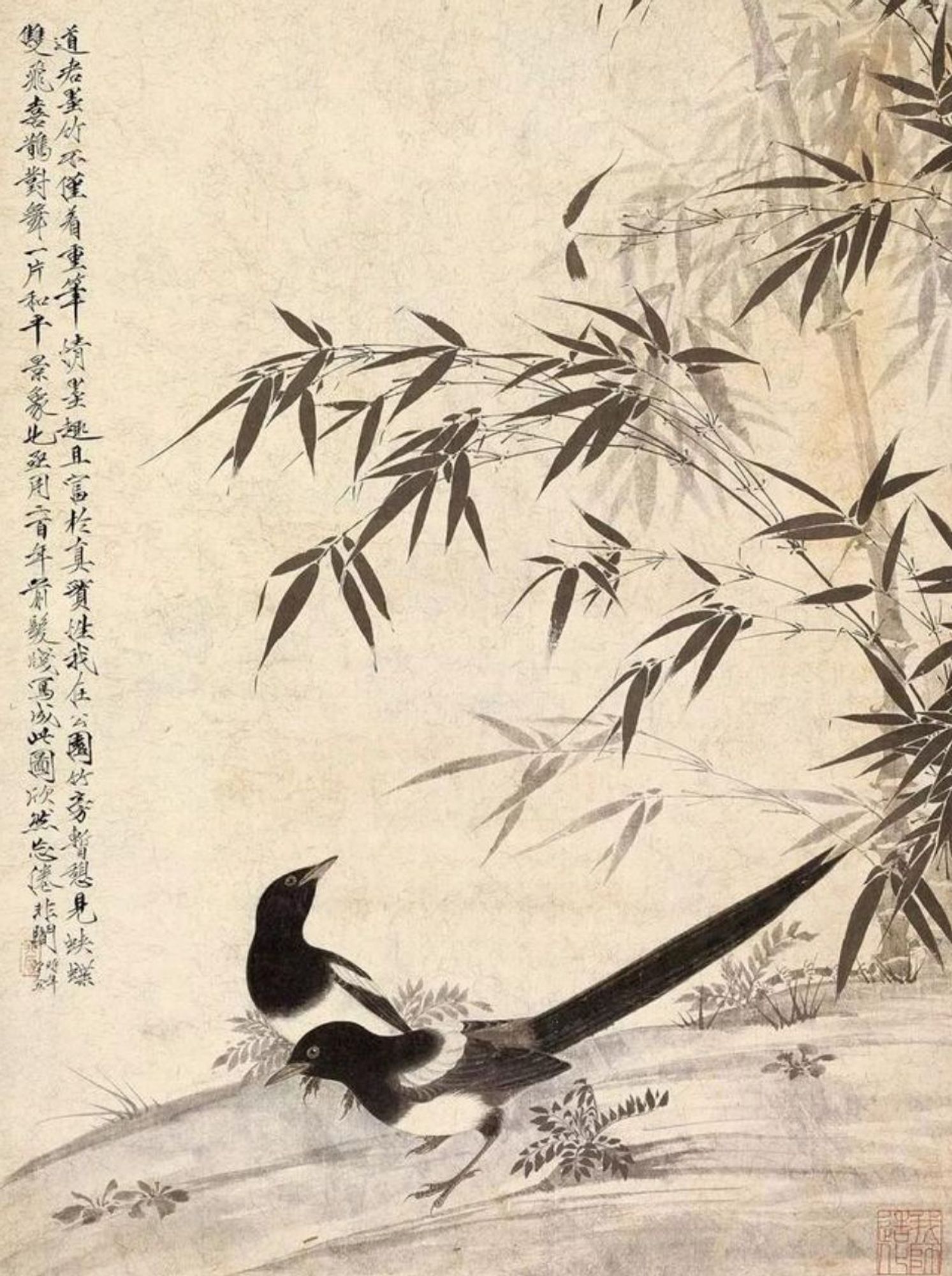 🎨 于非闇 In ancient Chinese culture, the magpie symbolizes good fortune and propriety. Known for its meticulous nature, the magpie builds its nest only with high, clean branches, reflecting its preference for purity. It chooses branches where both mates contribute, signifying chastity, and nests facing the sky while avoiding the Tai Sui, showing wisdom. During windy years, it avoids precarious branches, displaying foresight. The presence of a horizontal beam in the nest, where the male perches, illustrates a sense of order. Similarly, a family that practices virtue will enjoy enduring blessings. 世傳鵲結巢取木杪之枝，不取墮地者，多潔一也。傳其枝而受卵，雌雄共接者乃用，不淫二也。開戶向天，而背太歲，有識三也。歲多風，則去巢旁之危枝，先知四也。巢中有橫木，虛度如梁，雄者踞之，有分五也。以比則積善之家，必有余慶者也。