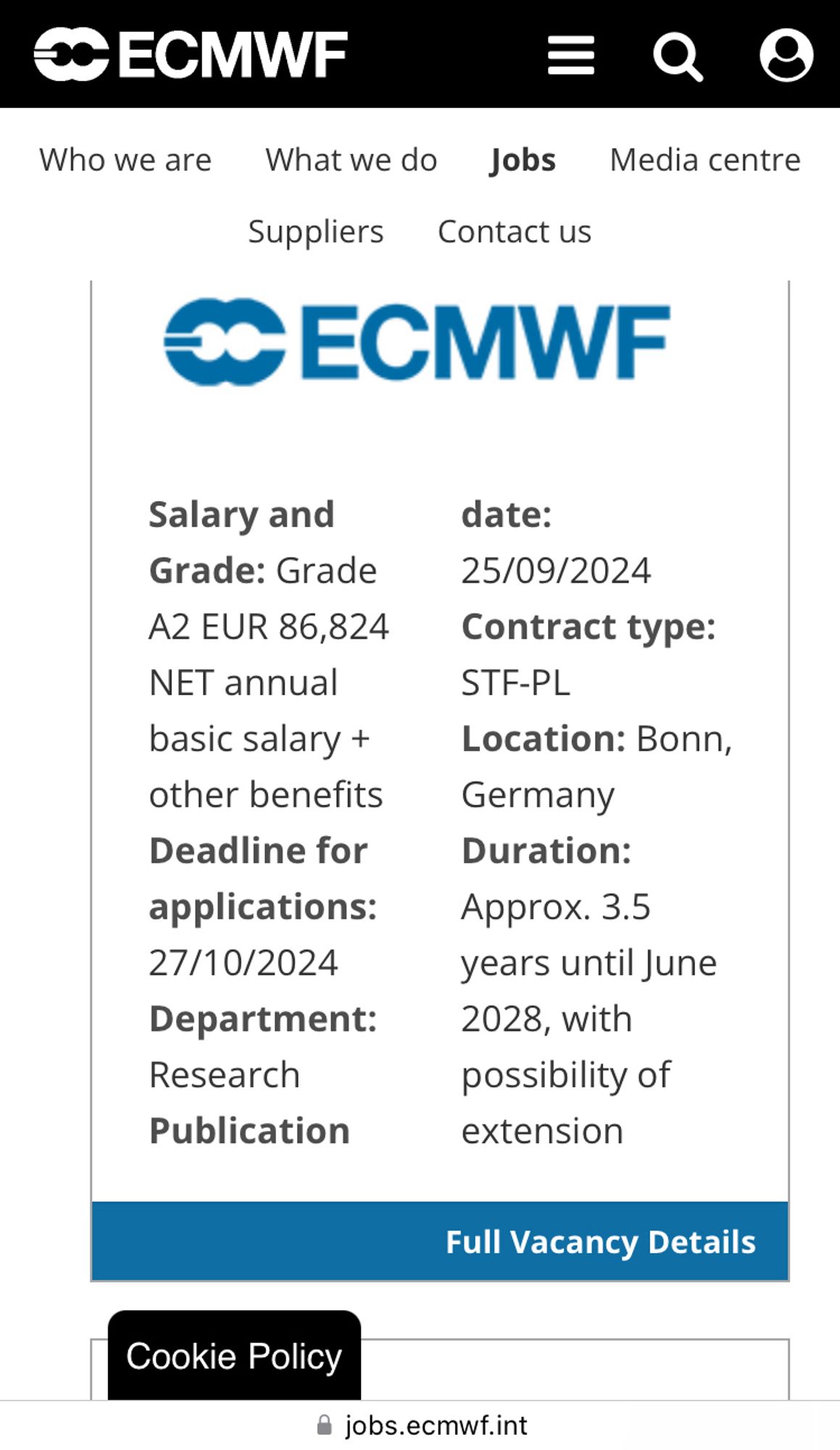 Job advert on seasonal forecasting