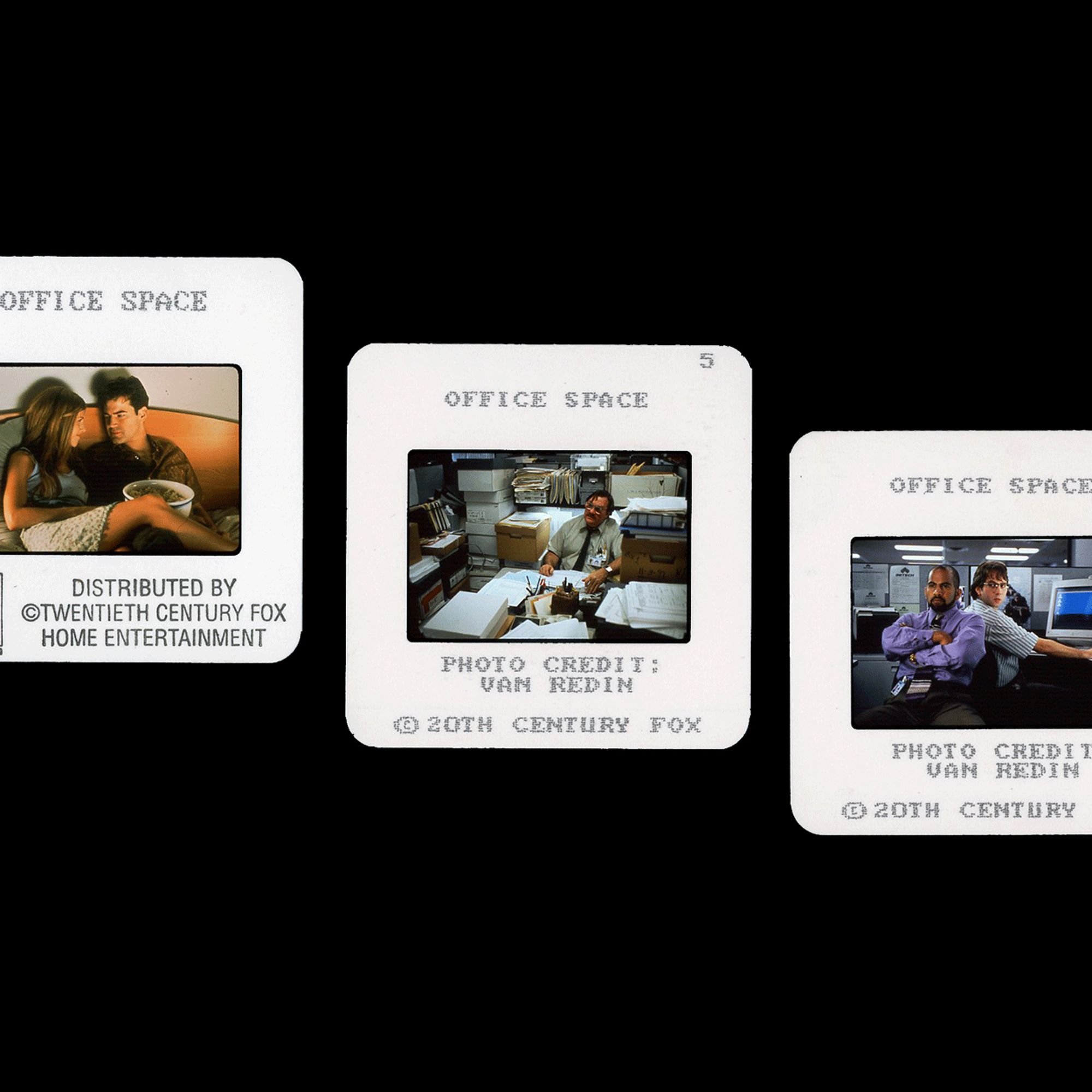 Publicity slides from OFFICE SPACE. Left: Jennifer Aniston and Ron Livingston looking at each other on couch. Middle (by Van Redin): Stephen Root surrounded by boxes at his clutter desk. Right (by Van Redin): Ajay Naidu and David Herman posing back-to-back while sitting in their cubicles.