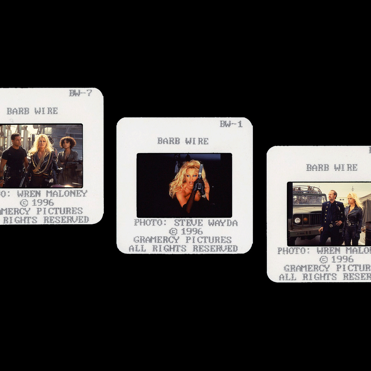 Publicity slides from BARB WIRE. Left: Temuera Morrison, Pamela Anderson, and Victoria Rowell, photo by Wren Maloney. Middle: Pamela Anderson, photo by Steve Wayda. Right: Steve Railsback and Pamela Anderson, photo by Wren Maloney.