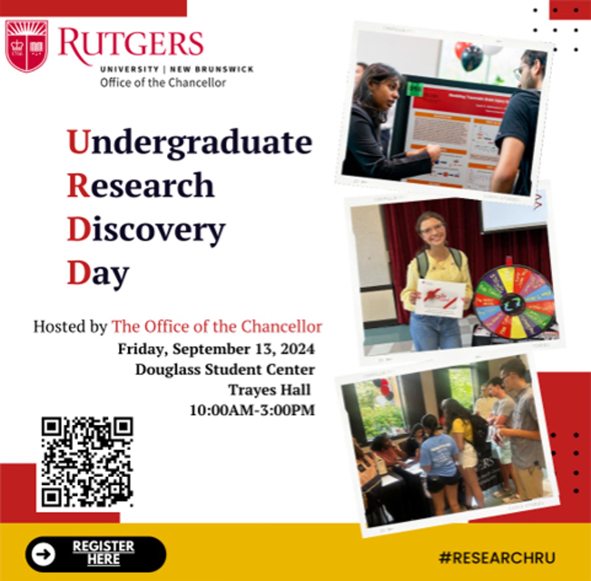 Flyer for Rutgers undergrad research discovery day, with information about attending. On the right are three photos of happy undergrads, the top one is a picture of a Barber Lab undergrad presenting her summer research poster!