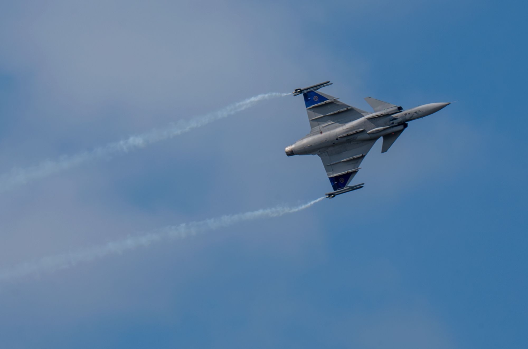 Underside of JAS 39 Gripen doing a flyby at the airshow in Ronneby 2019