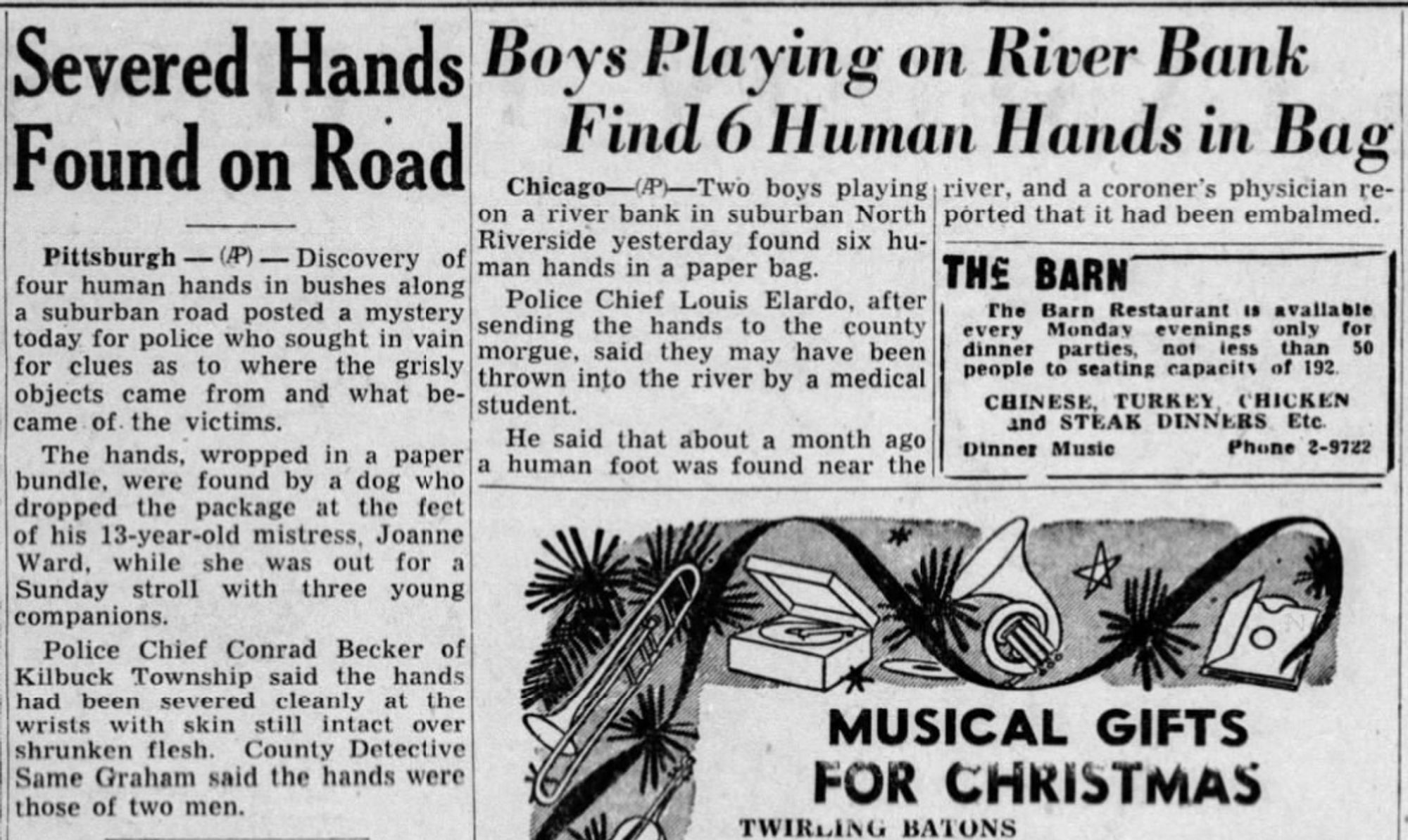 Old newspaper clipping of two separate stories printed on the same page: "Severed Hands Found on Road" in Pittsburg and "Boys Playing On River Bank Find 6 Human Hands in Bag" in Chicago.