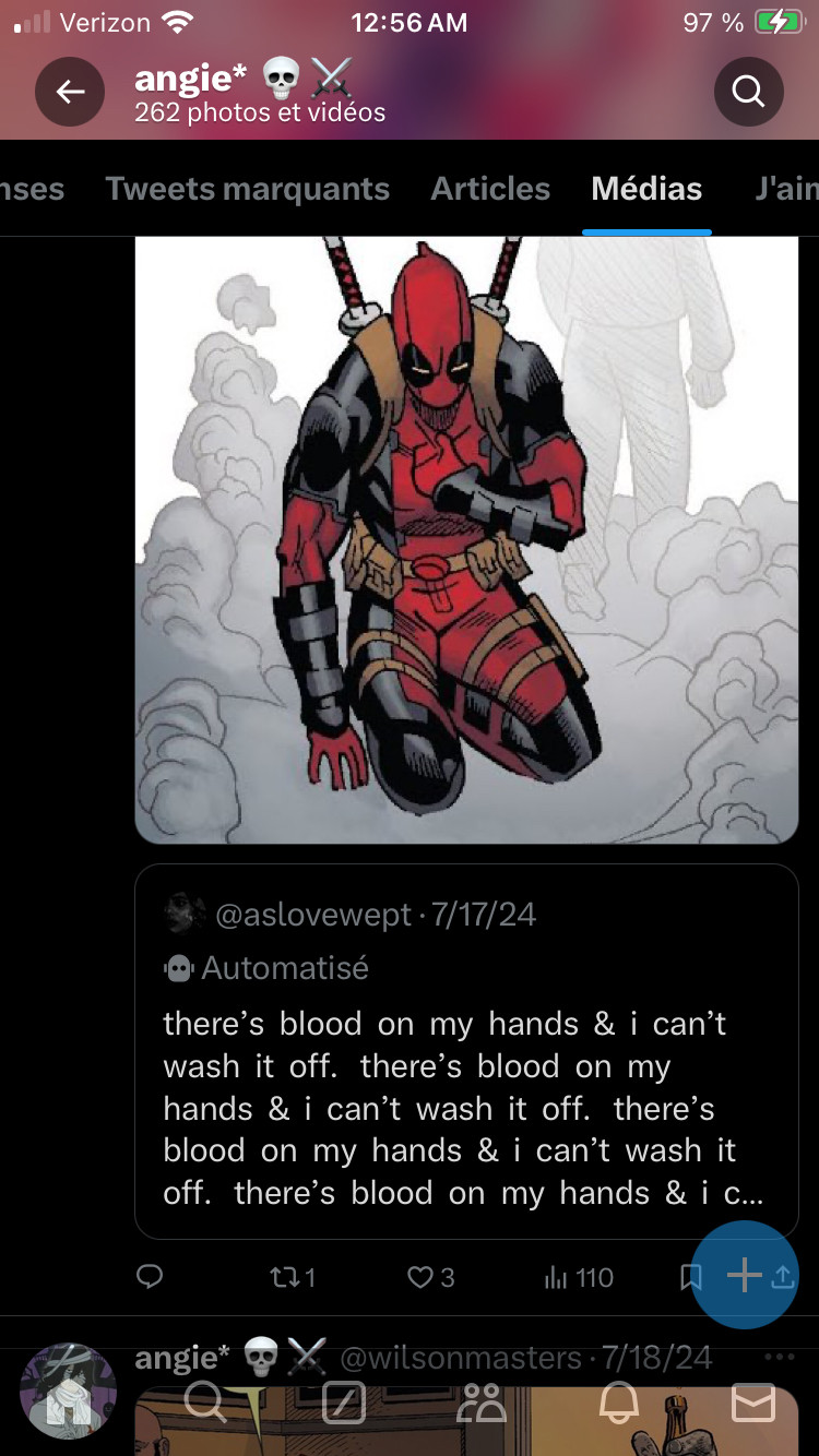 Image of Deadpool on his knees. A quote underneath the image that says “there's blood on my hands & i can't wash it off.” It is repeated over and over until the text ends. 