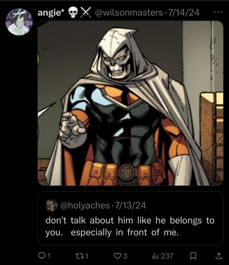 Image of Taskmaster pointing angrily to the quote “don’t talk about him like he belongs to you. Especially in front of me.” 