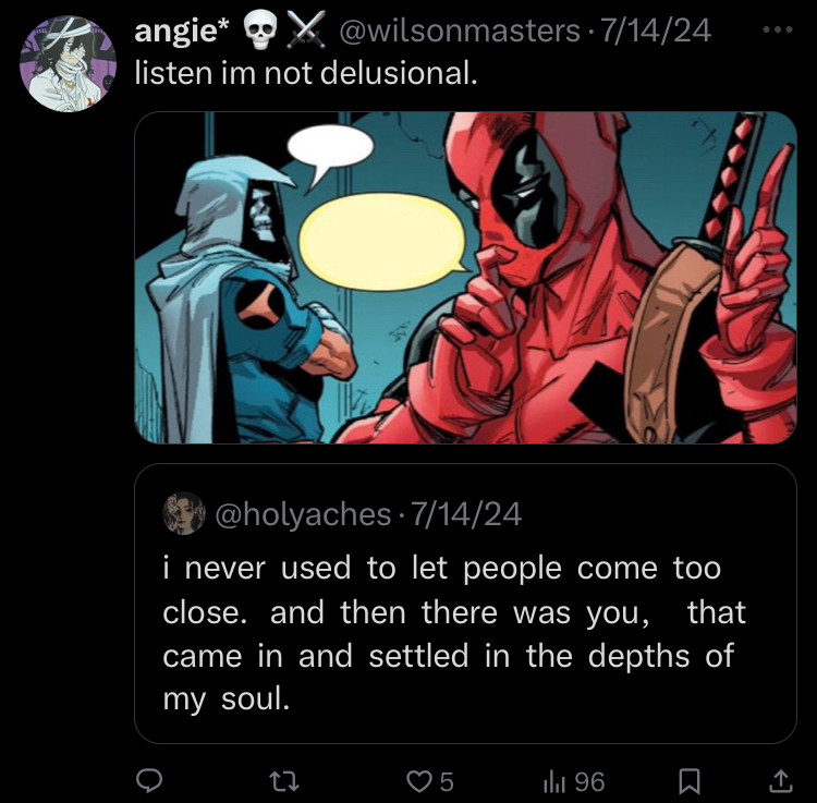 Image of Taskmaster/Deadpool with a quote that says “i never used to let people come too close. and then there was you, that came in and settled in the depths of my soul.”