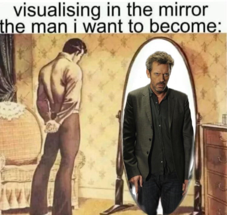 Meme of man staring into the mirror with caption visualising in the mirror the man i want to become. The man in the mirror is edited to be Doctor House from House MD