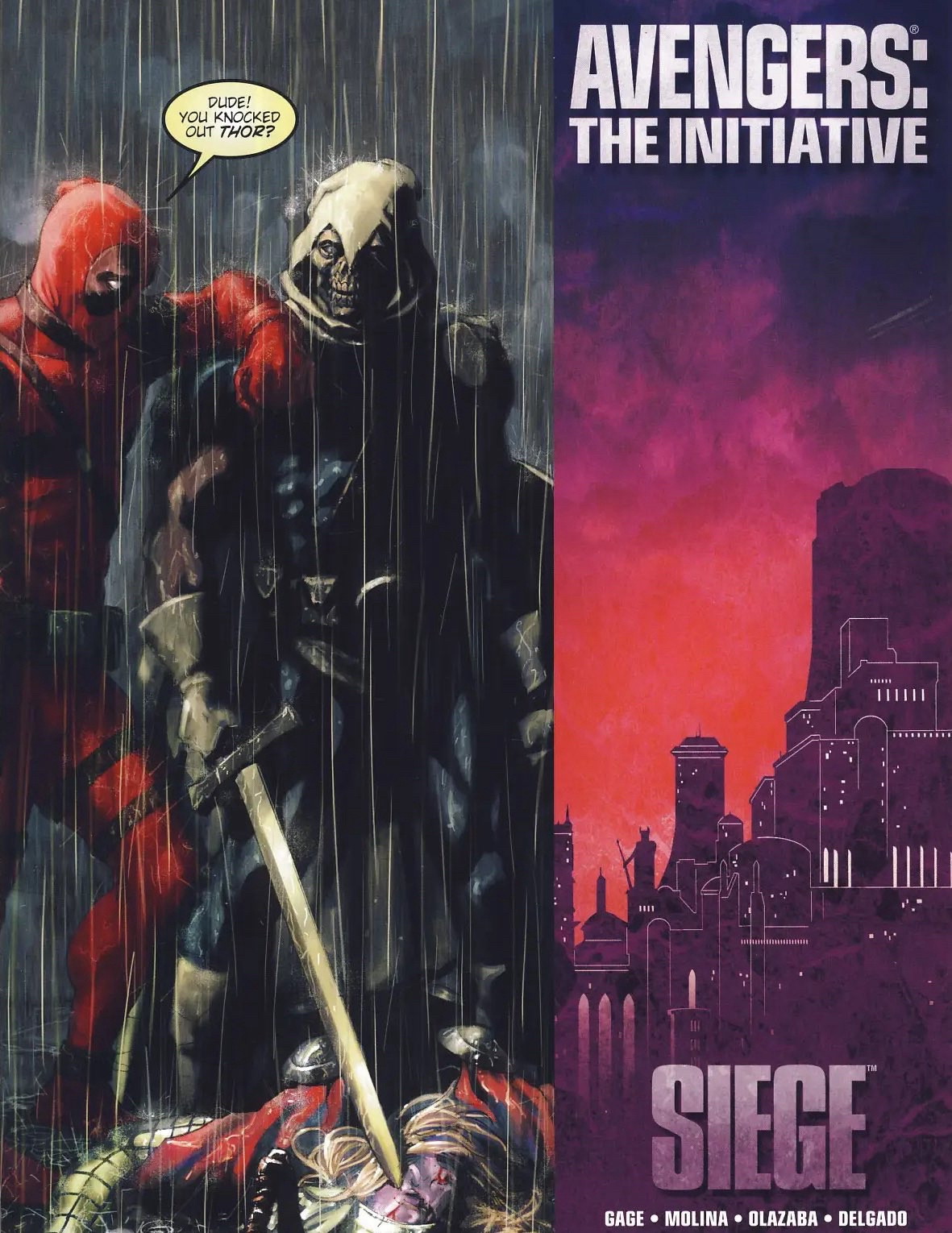 Comic Book Cover of Avengers Initiative: Siege, with Deadpool leaning on Taskmaster’s shoulder saying “dude! You knocked out Thor” 