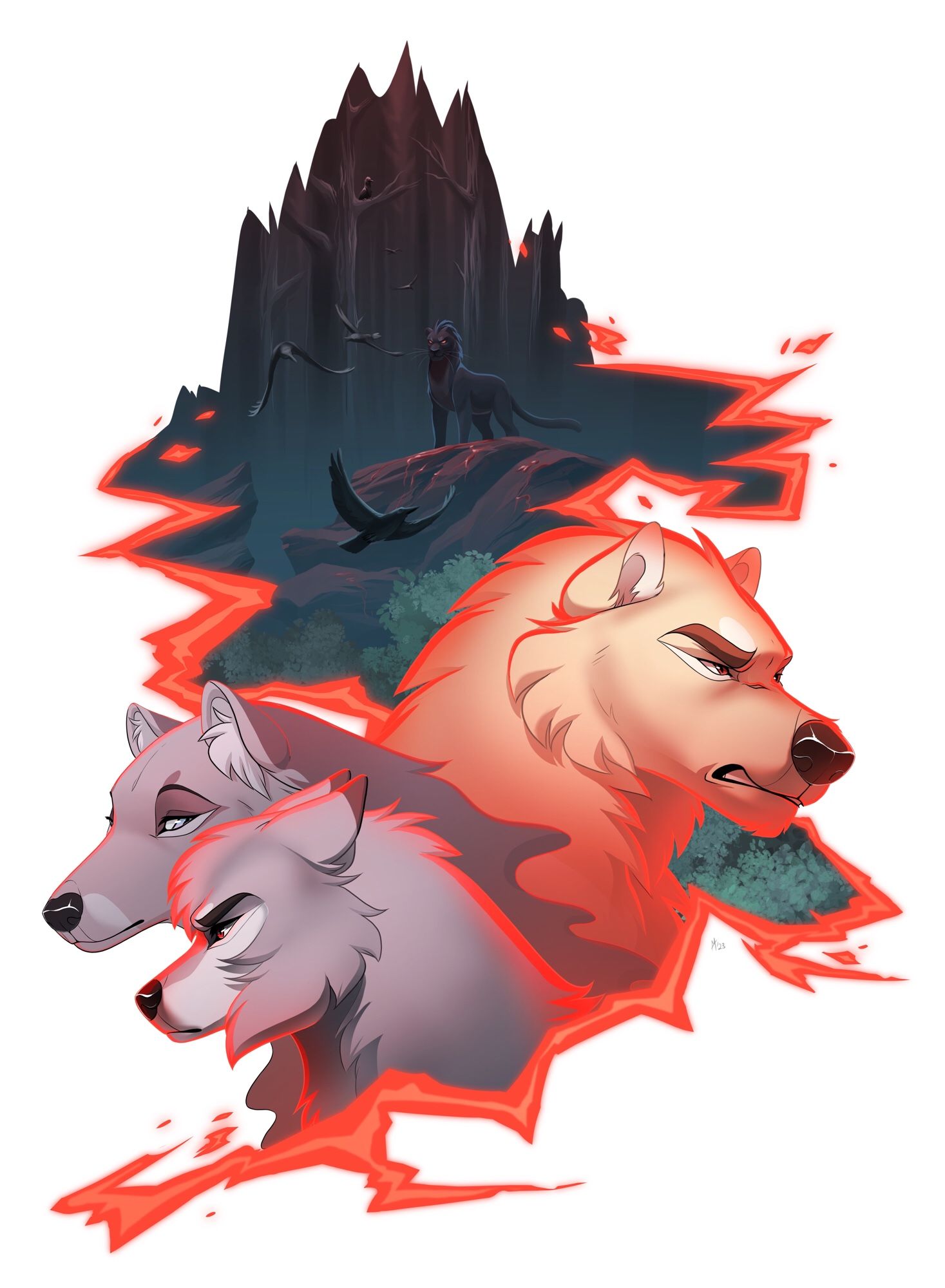 Red, Mavi and Iris (wolves) looking in different directions in the foreground as Azreth (mountain lion) looms in the dark forest on a blood covered rock with crows flying by.