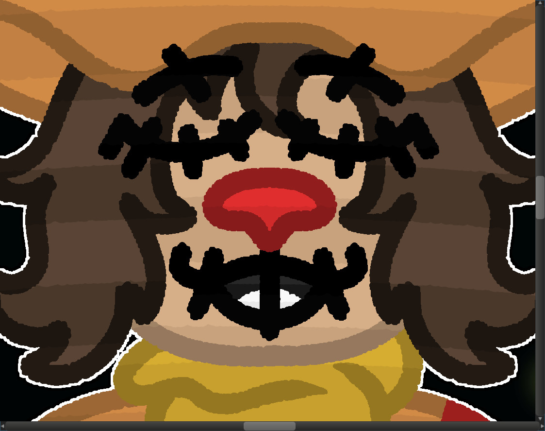 Close-up preview of art I plan to post tomorrow. It features my scarecrow and non-binary character Jamie Thistle. Said character is dog-like with his red snout and brown hair that mimics floppy ears. Eyes and mouth featuring stitching. Implications of his outfit can be seen, with the bit of orange hat, yellow scarf, and orange dress with red patches.