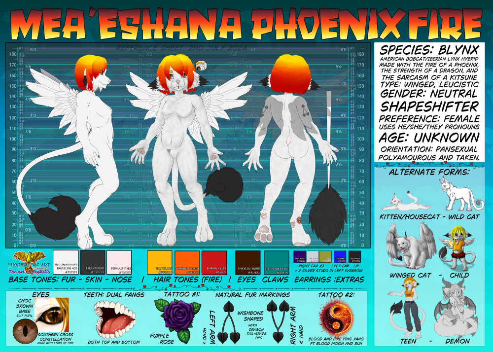 So meet the new and improved reference sheet for Mea'eshana PhoenixFire in 2024. Come find me representing Team Stardust at ArtFight!