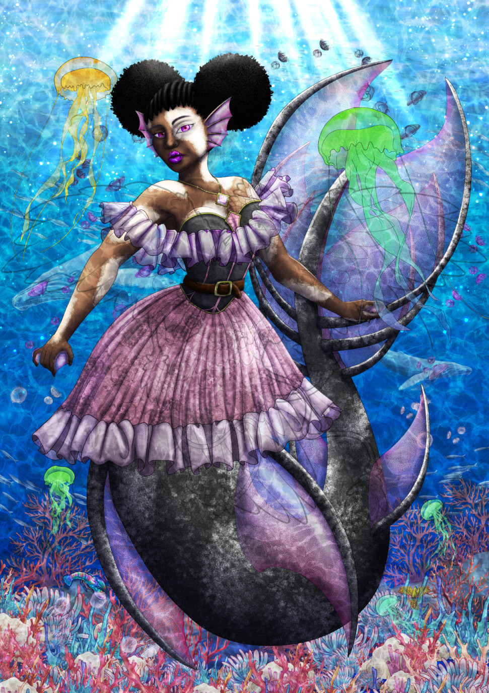 A beautiful Dark-skinned mermaid with Vitiligo - an autoimmune disorder that causes patches of skin to lose pigment or color. She's surround by vivid rainbow jellyfish and a beautiful seascape.